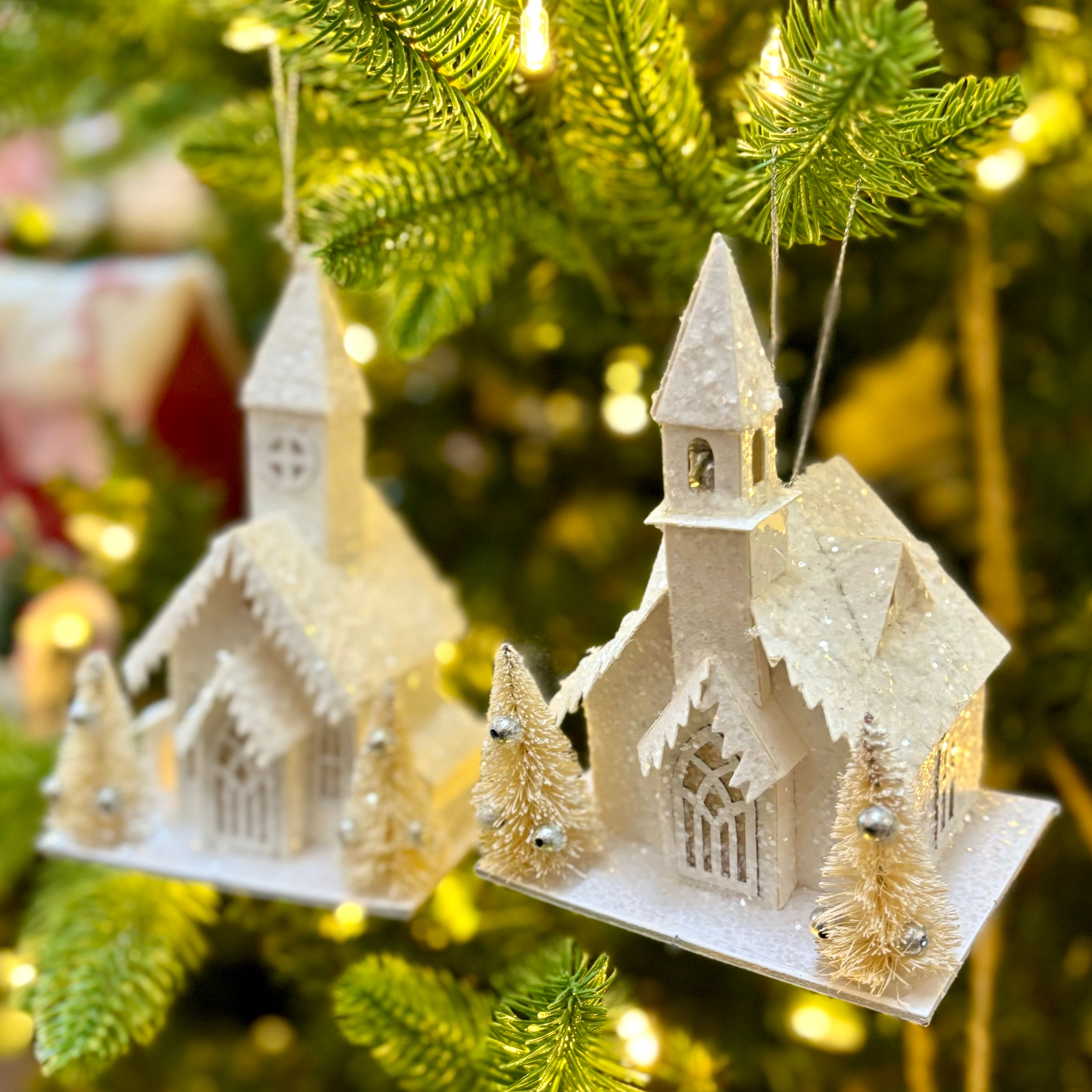 Cardboard LED Village Church Ornament