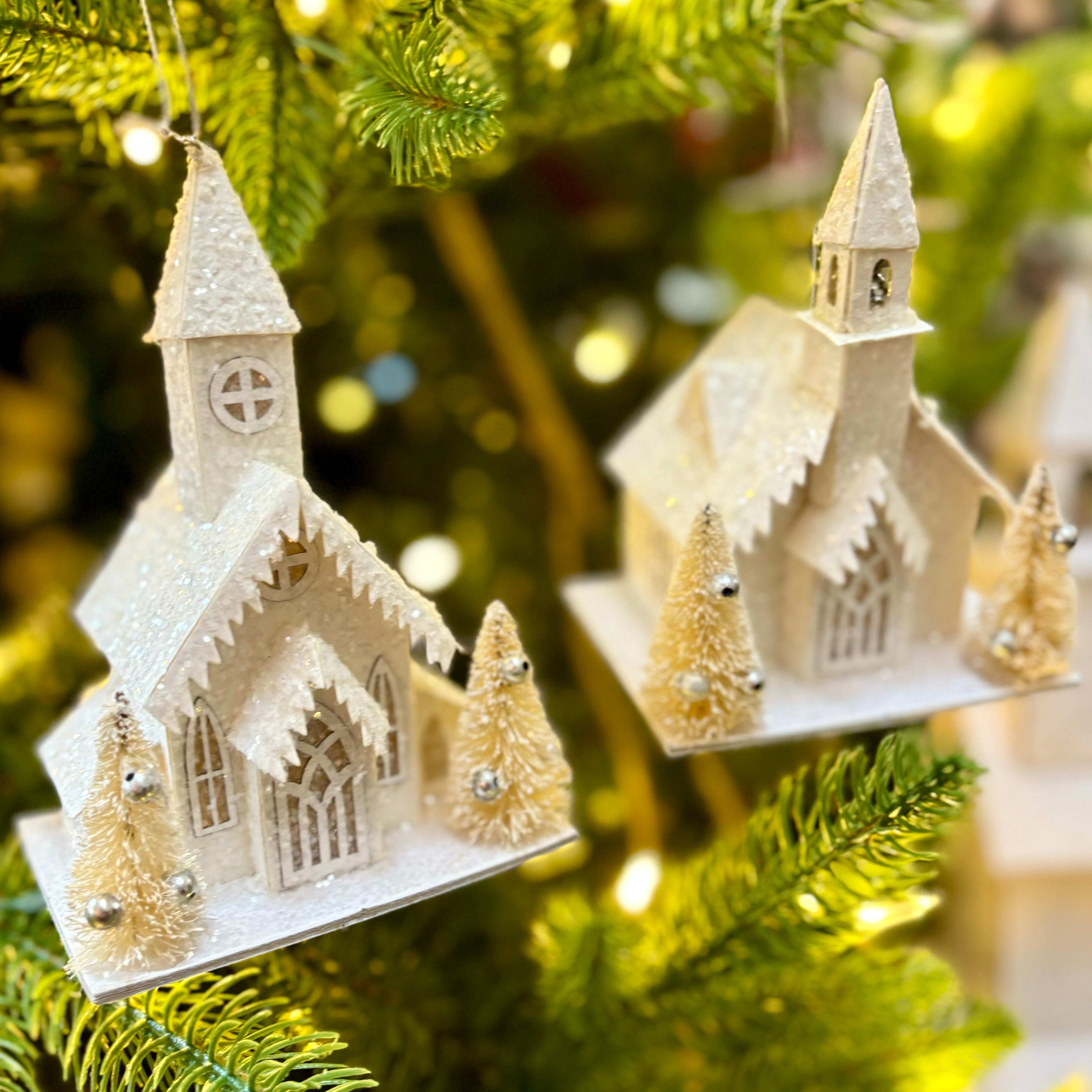 Cardboard LED Village Church with Steeple and Window Ornament