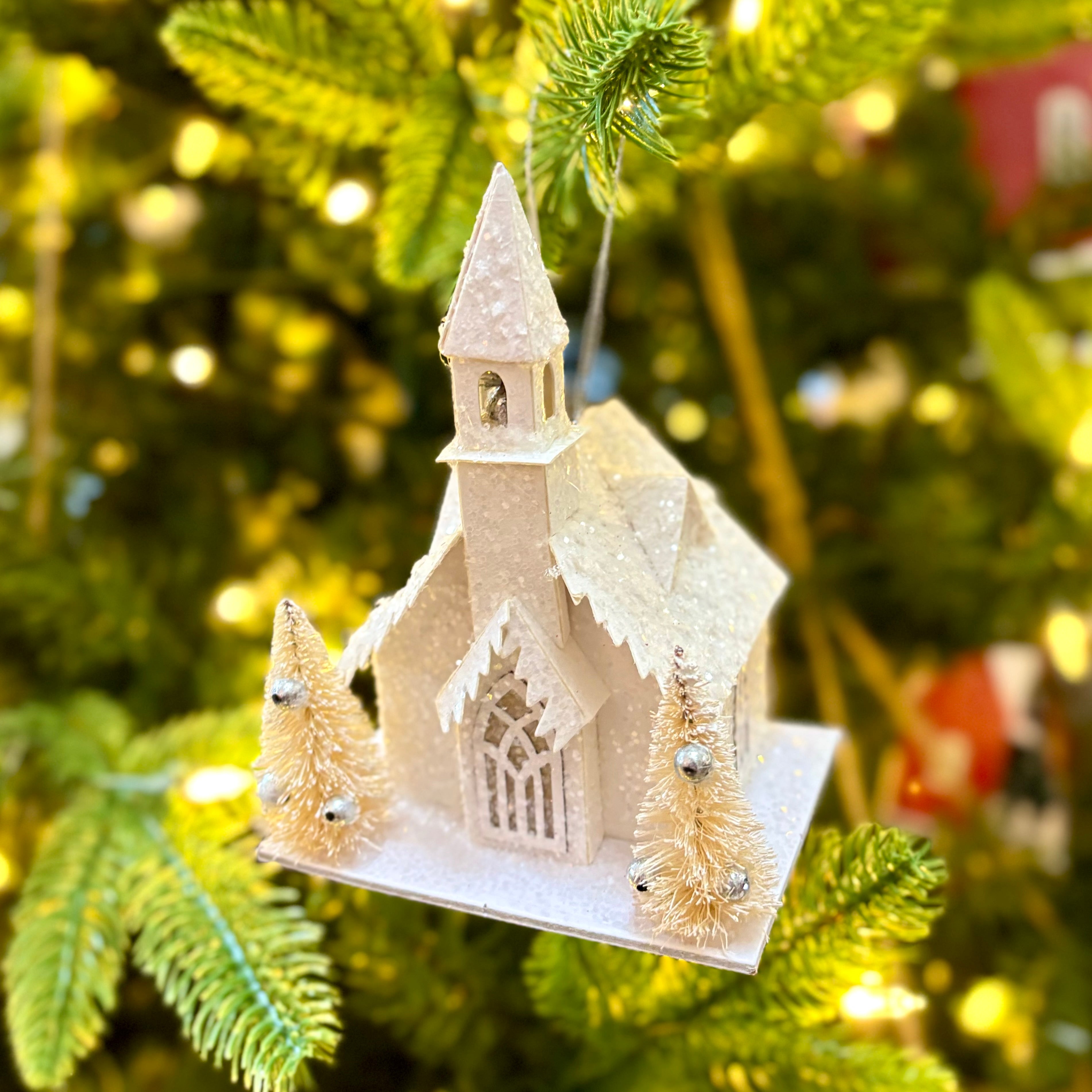 Cardboard LED Village Church Ornament