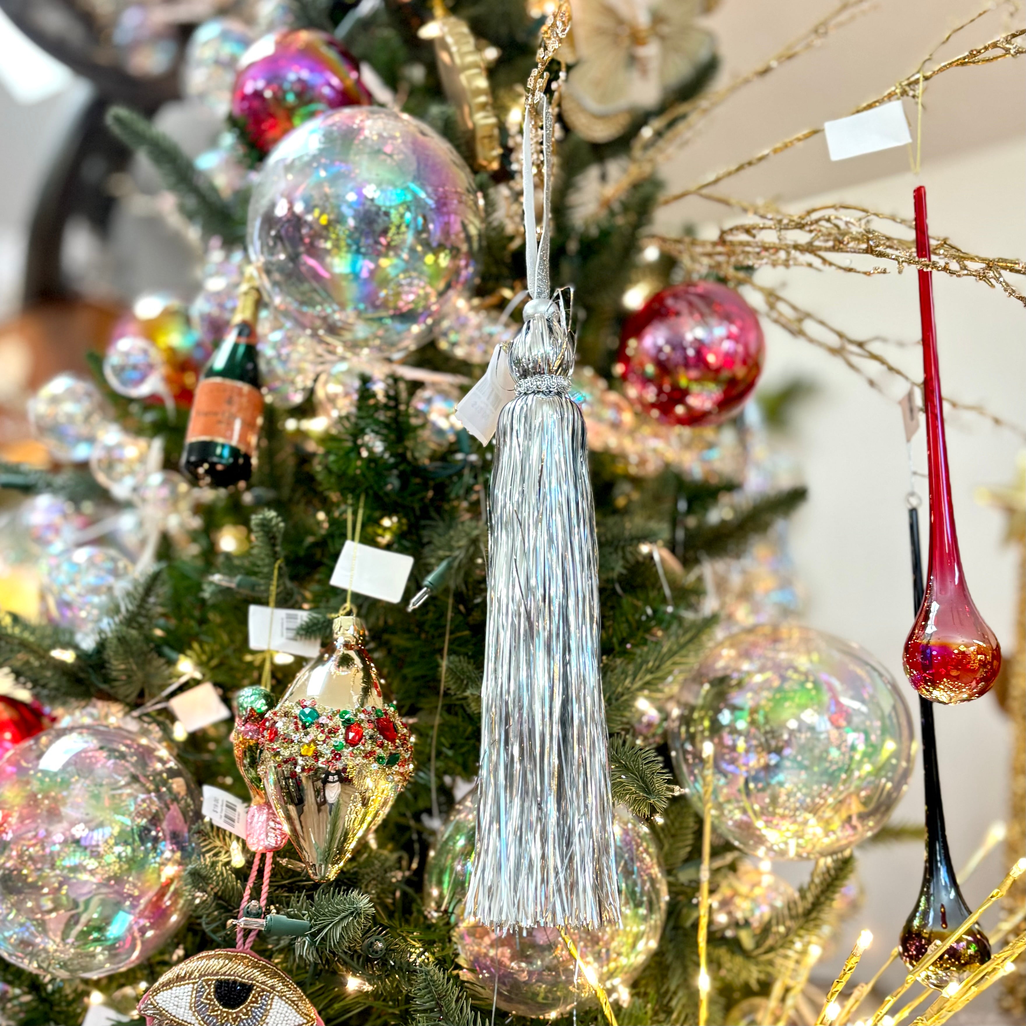 Silver Tinsel Tassel Ornament Long