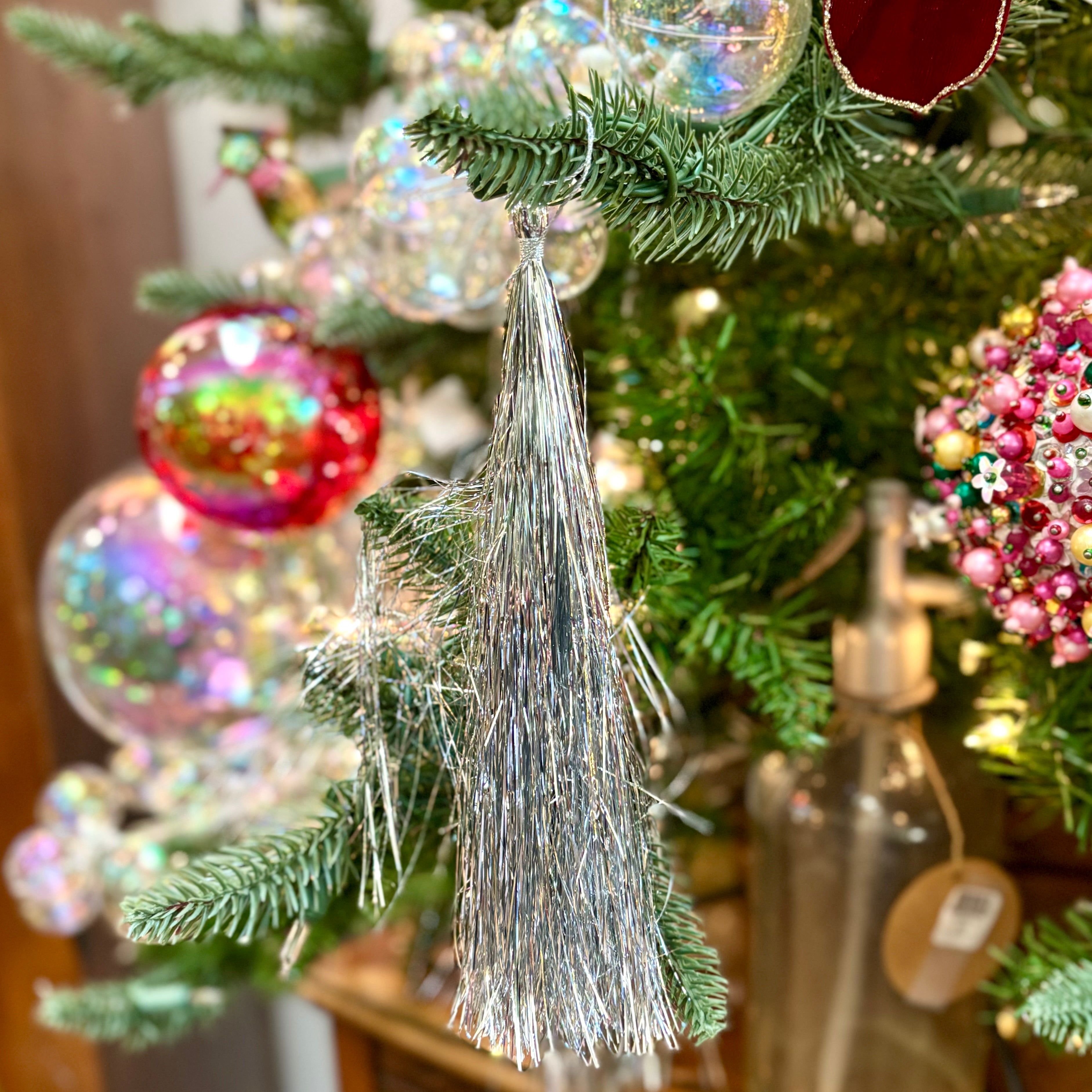 Silver Tinsel Tassel Ornament Short