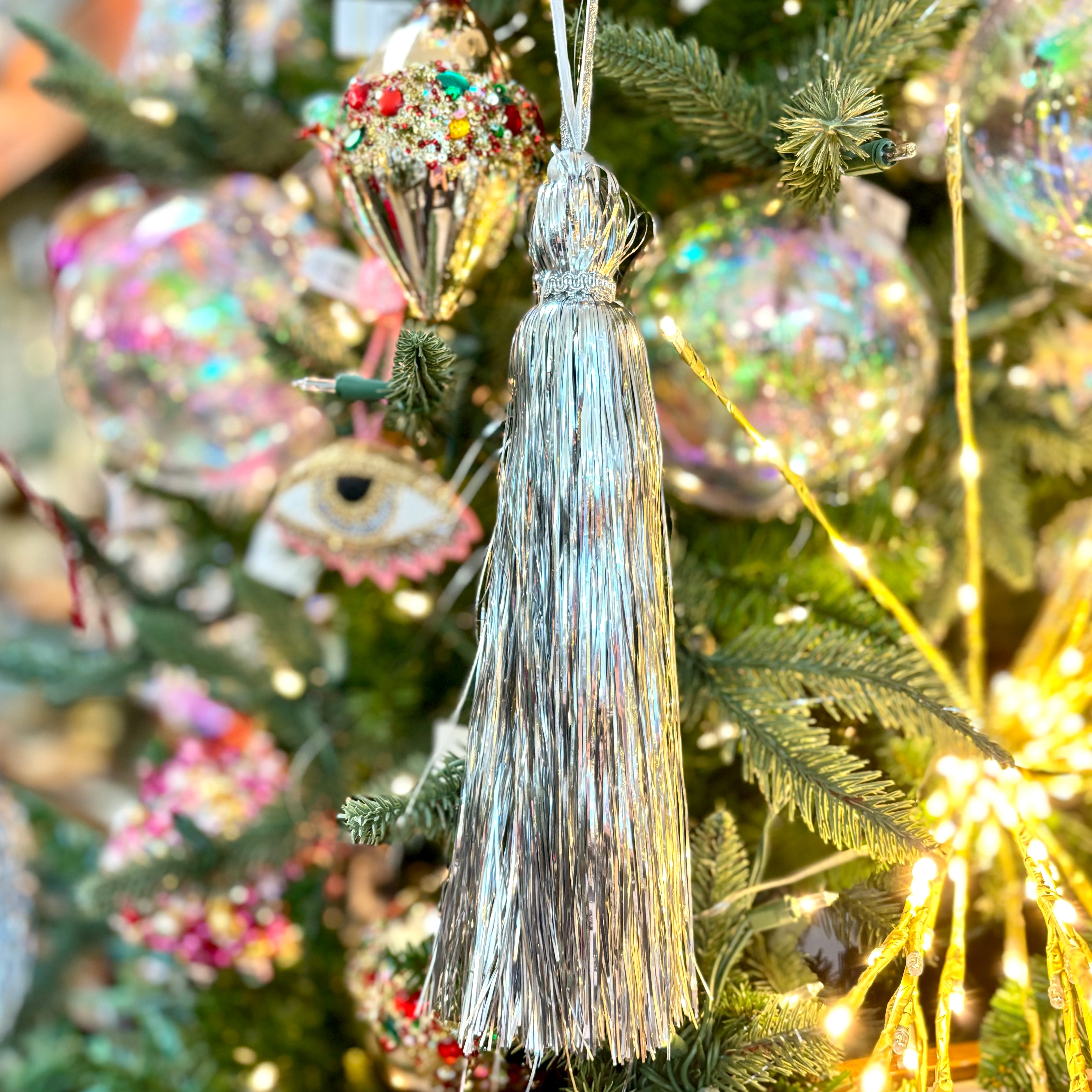 Silver Tinsel Tassel Ornament Long