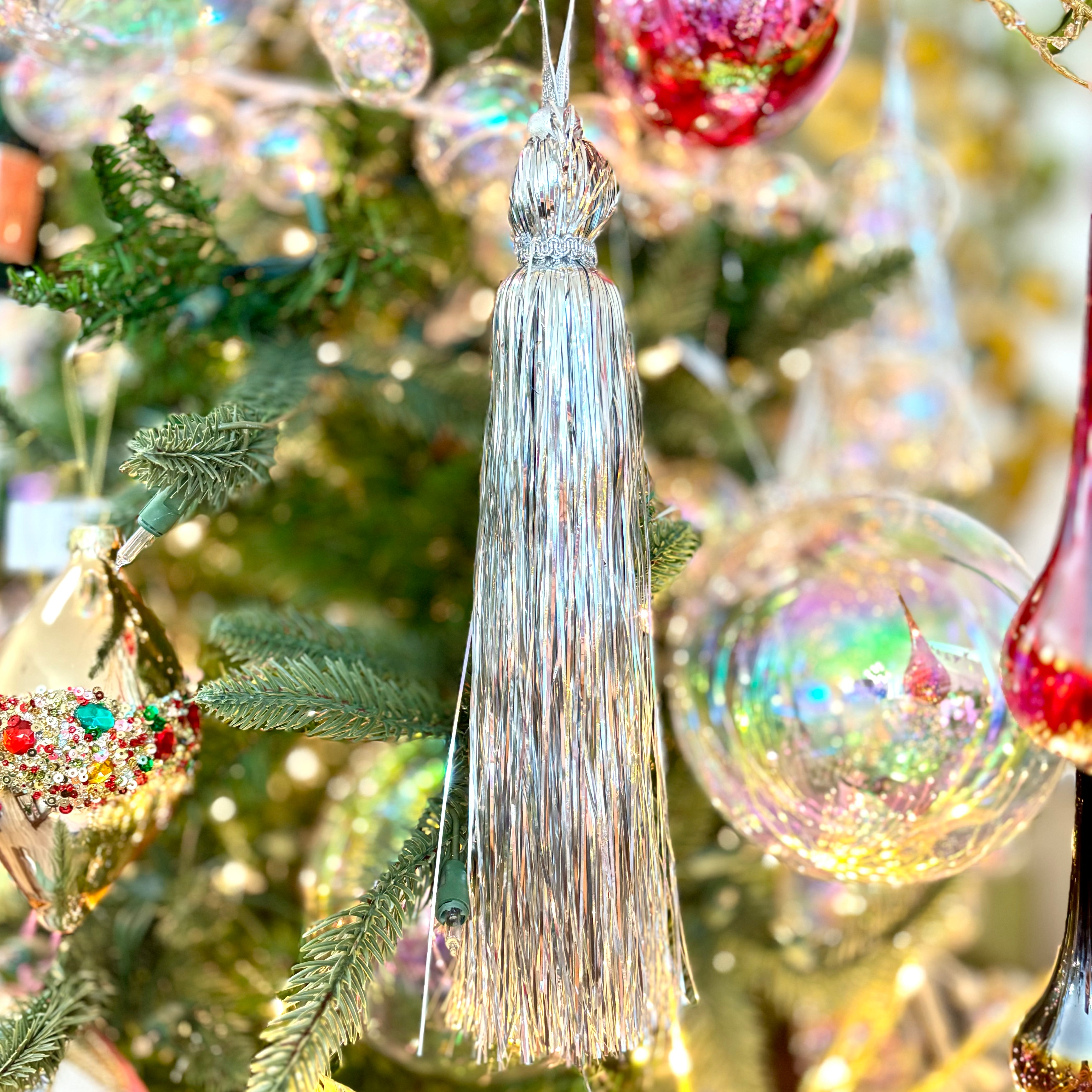 Silver Tinsel Tassel Ornament Long