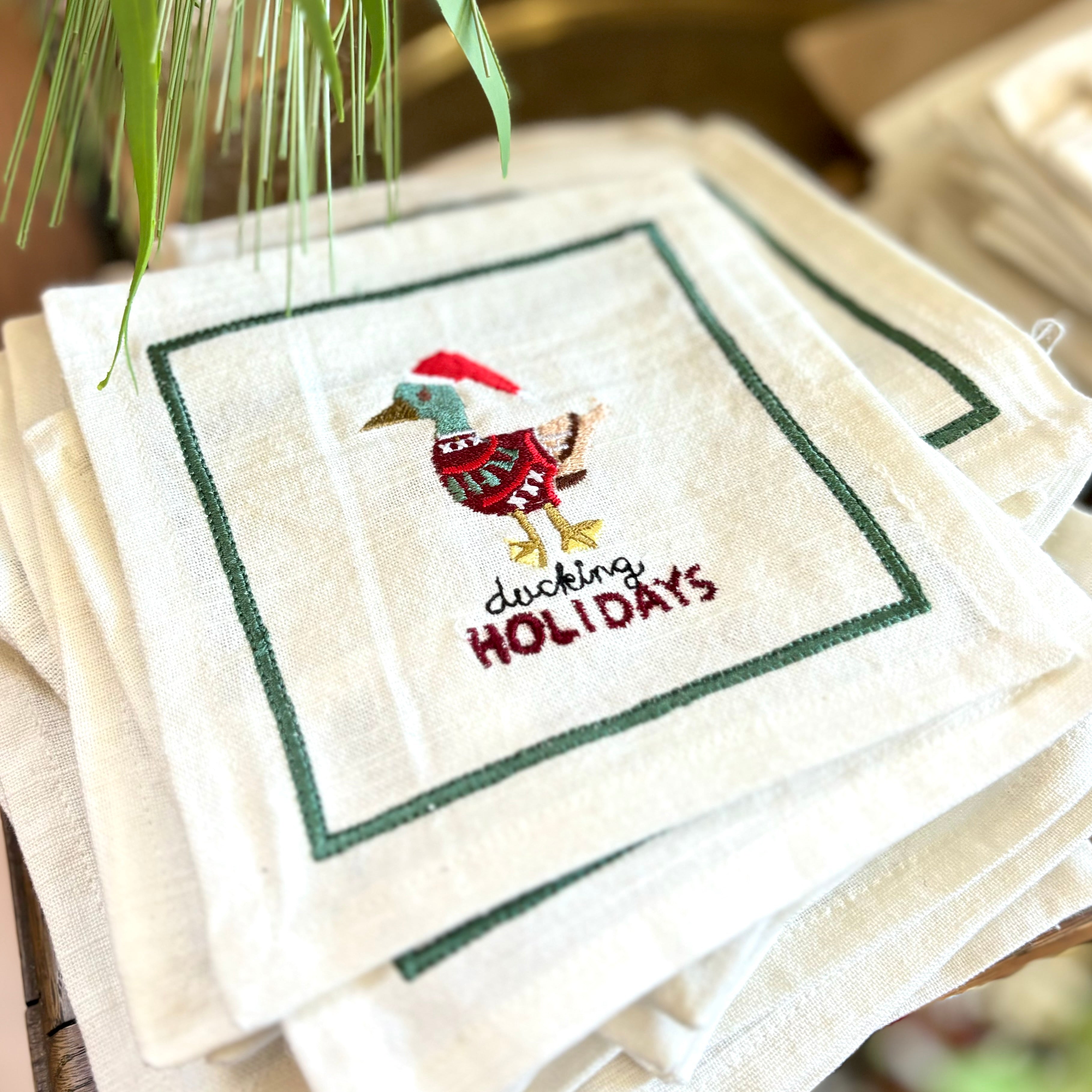 Embroidered Duckling Holidays Cocktail Napkin