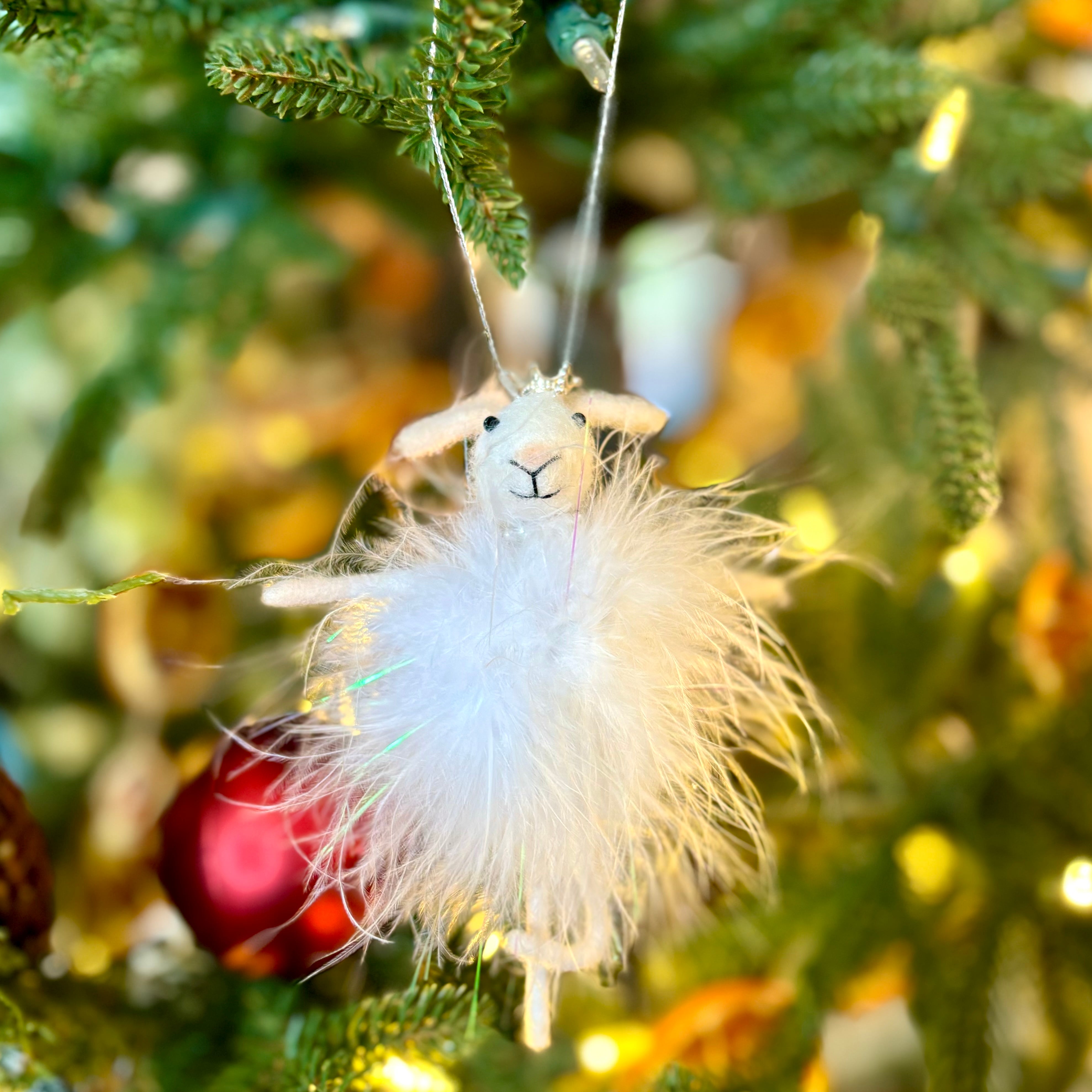 Felt Sugarplum Fairy Mouse with White Feathers, Silver Pearls and Crown Ornament