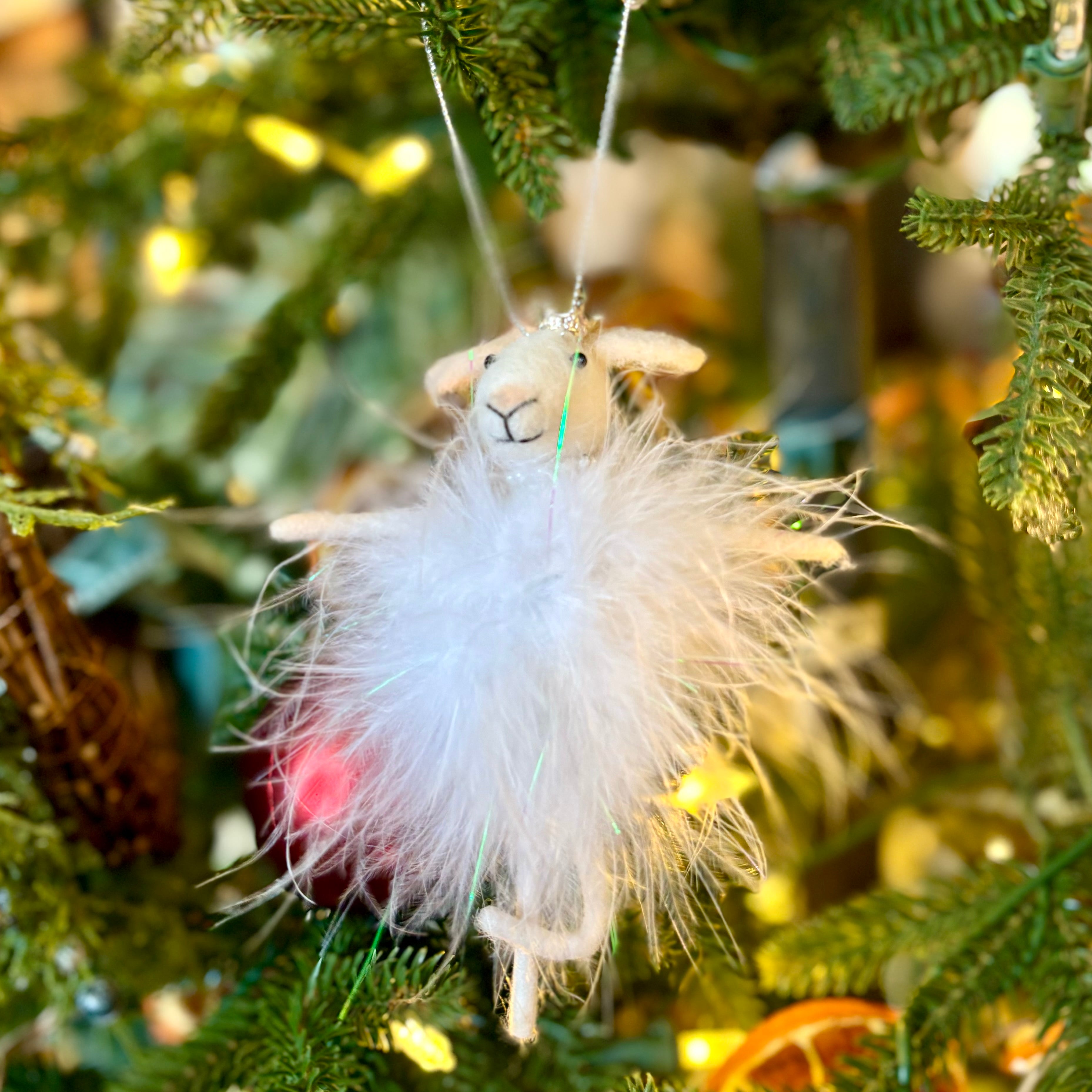 Felt Sugarplum Fairy Mouse with White Feathers, Silver Pearls and Crown Ornament