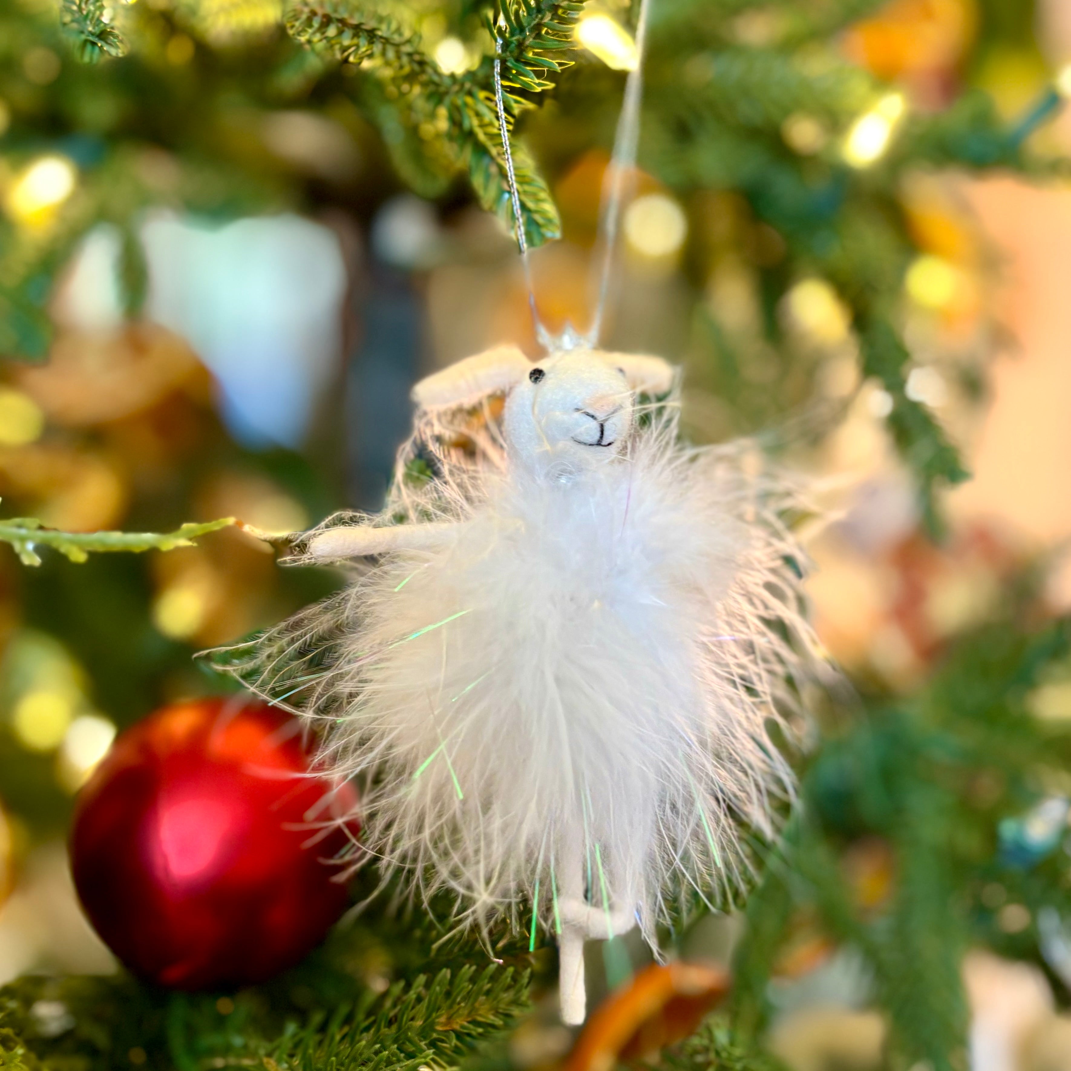 Felt Sugarplum Fairy Mouse with White Feathers, Silver Pearls and Crown Ornament