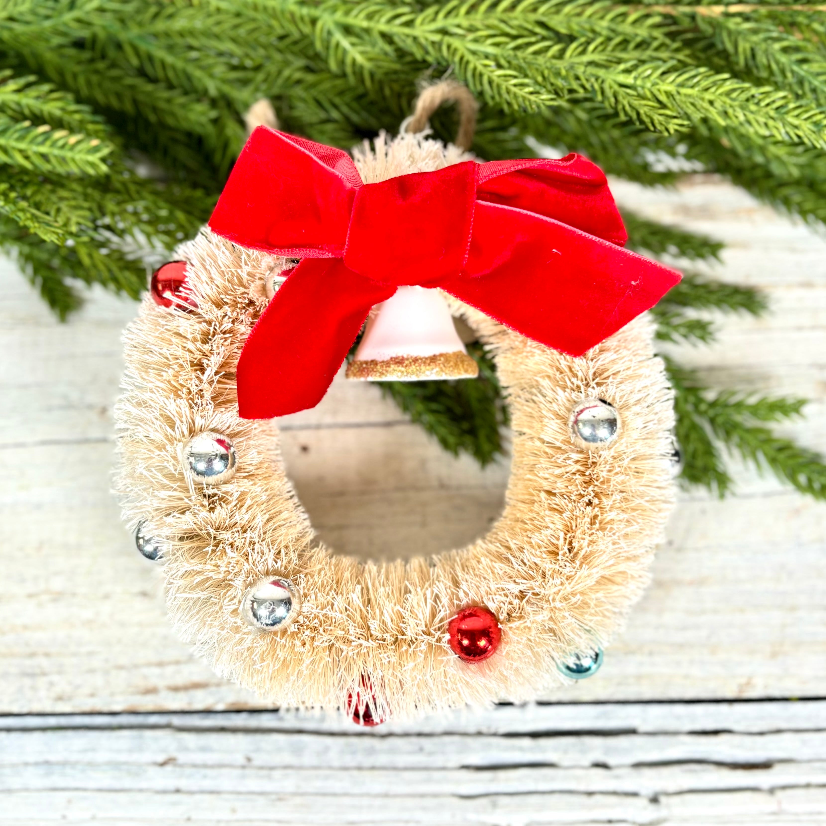 Cream Sisal Wreath with Bell Bow Ornament