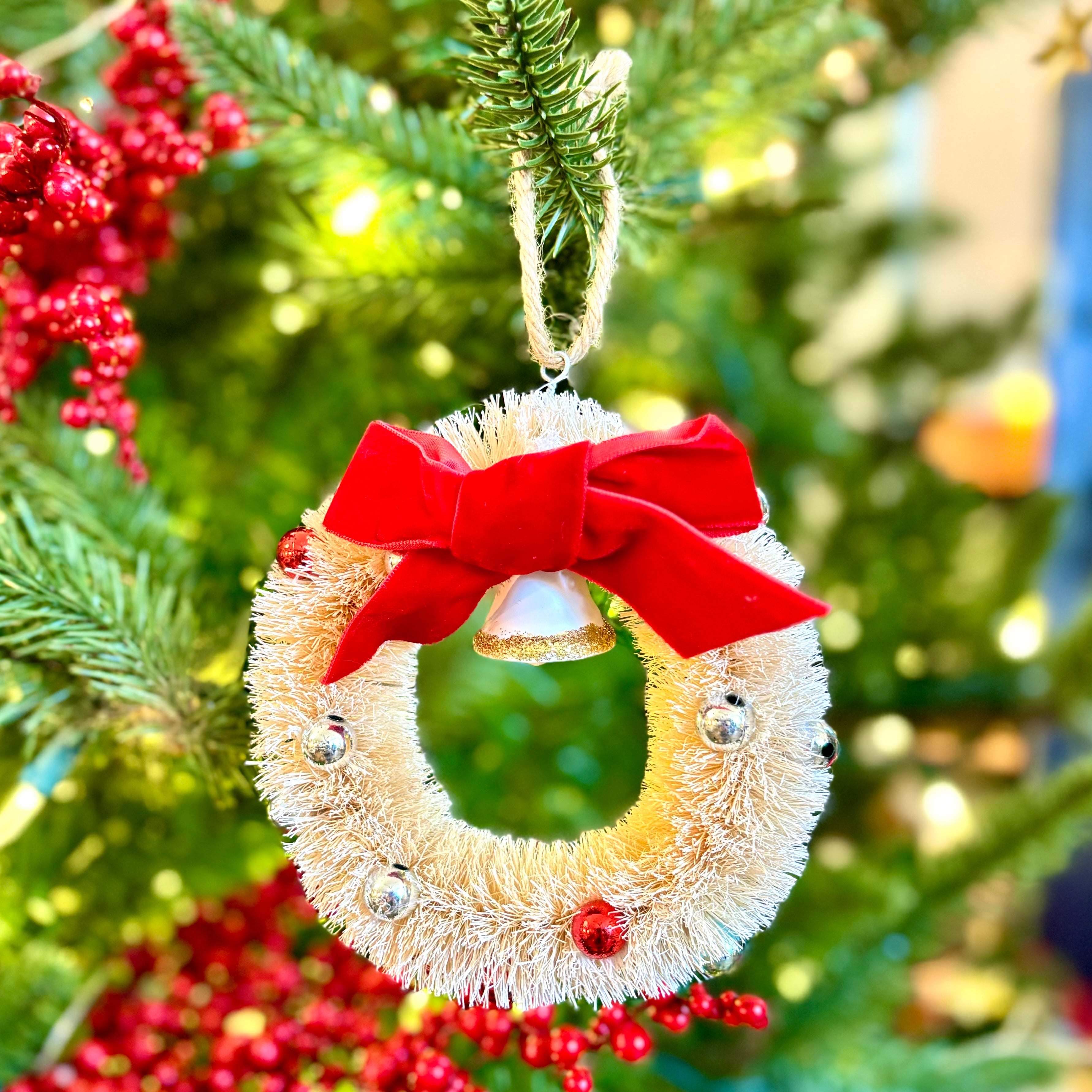 Cream Sisal Wreath with Bell Bow Ornament