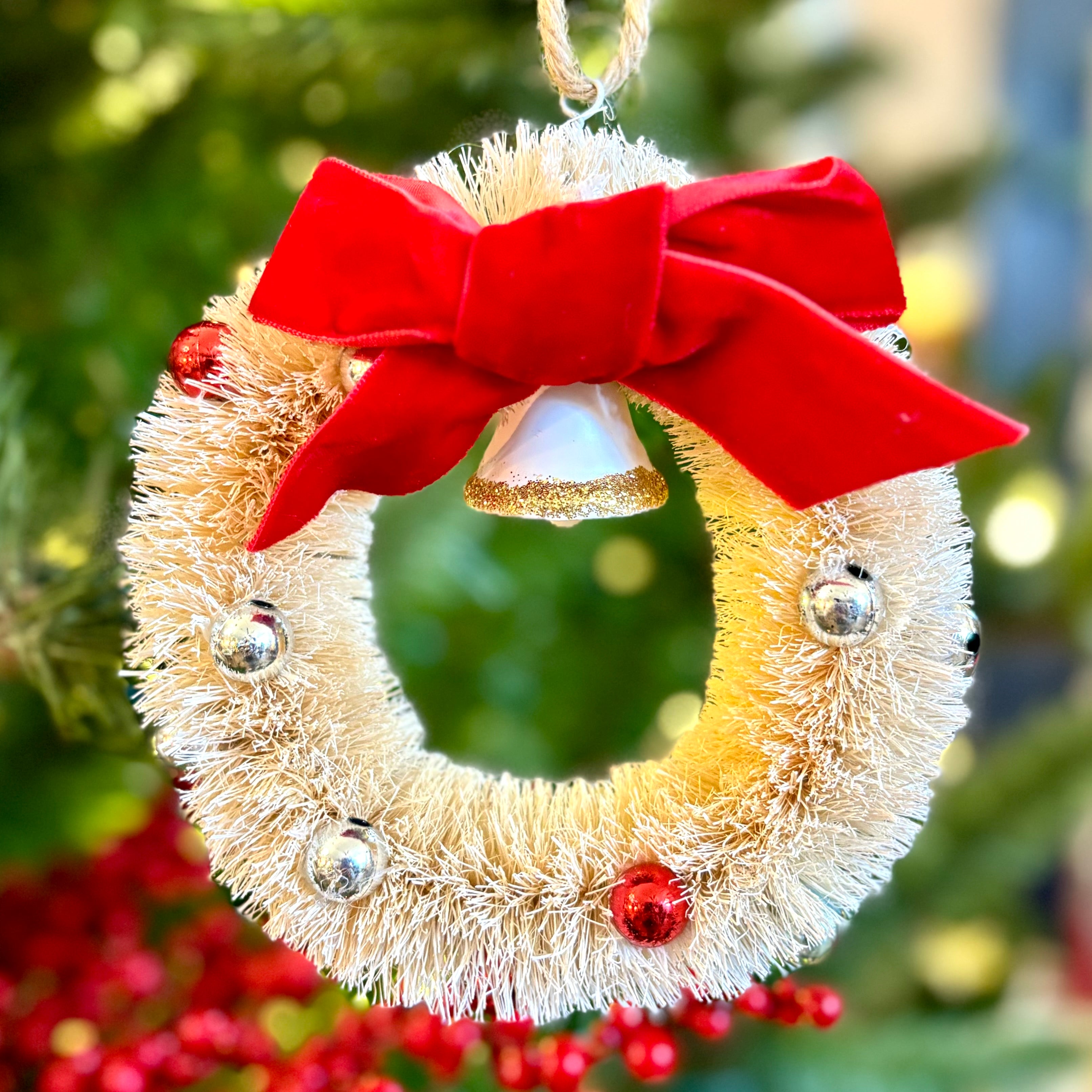 Cream Sisal Wreath with Bell Bow Ornament