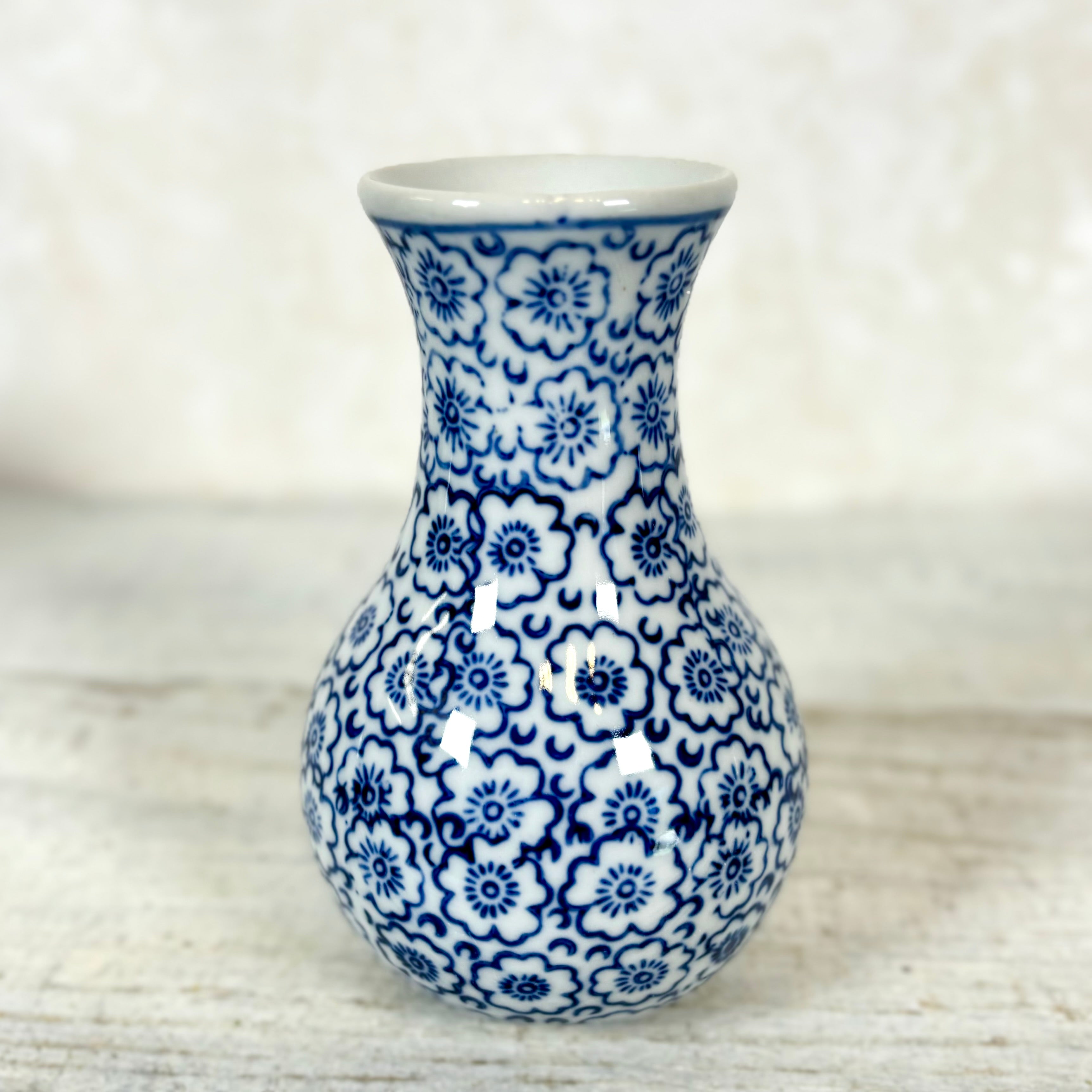 Decorative Stoneware Vase Blue White Flower Small