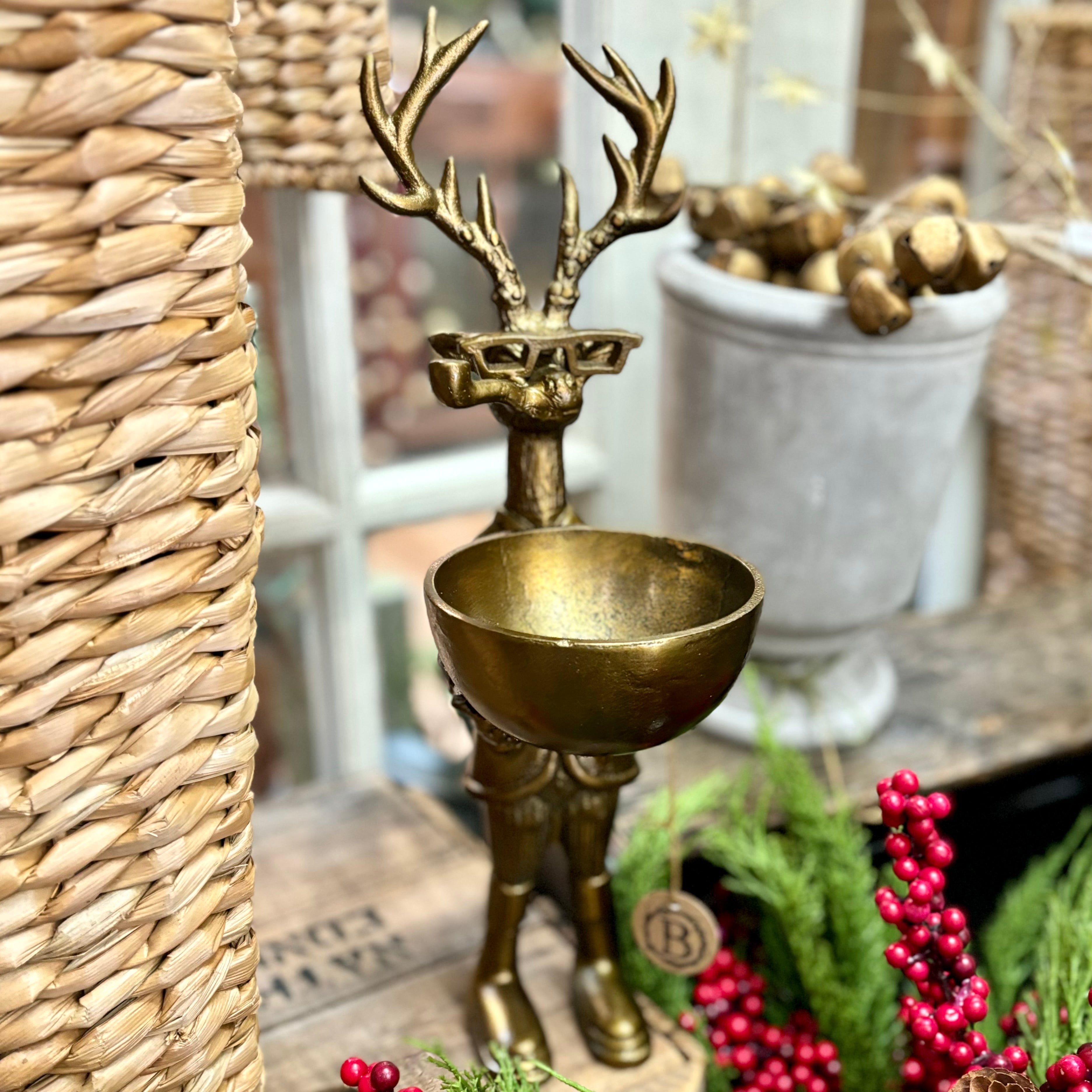 Brass Standing Deer with Bowl