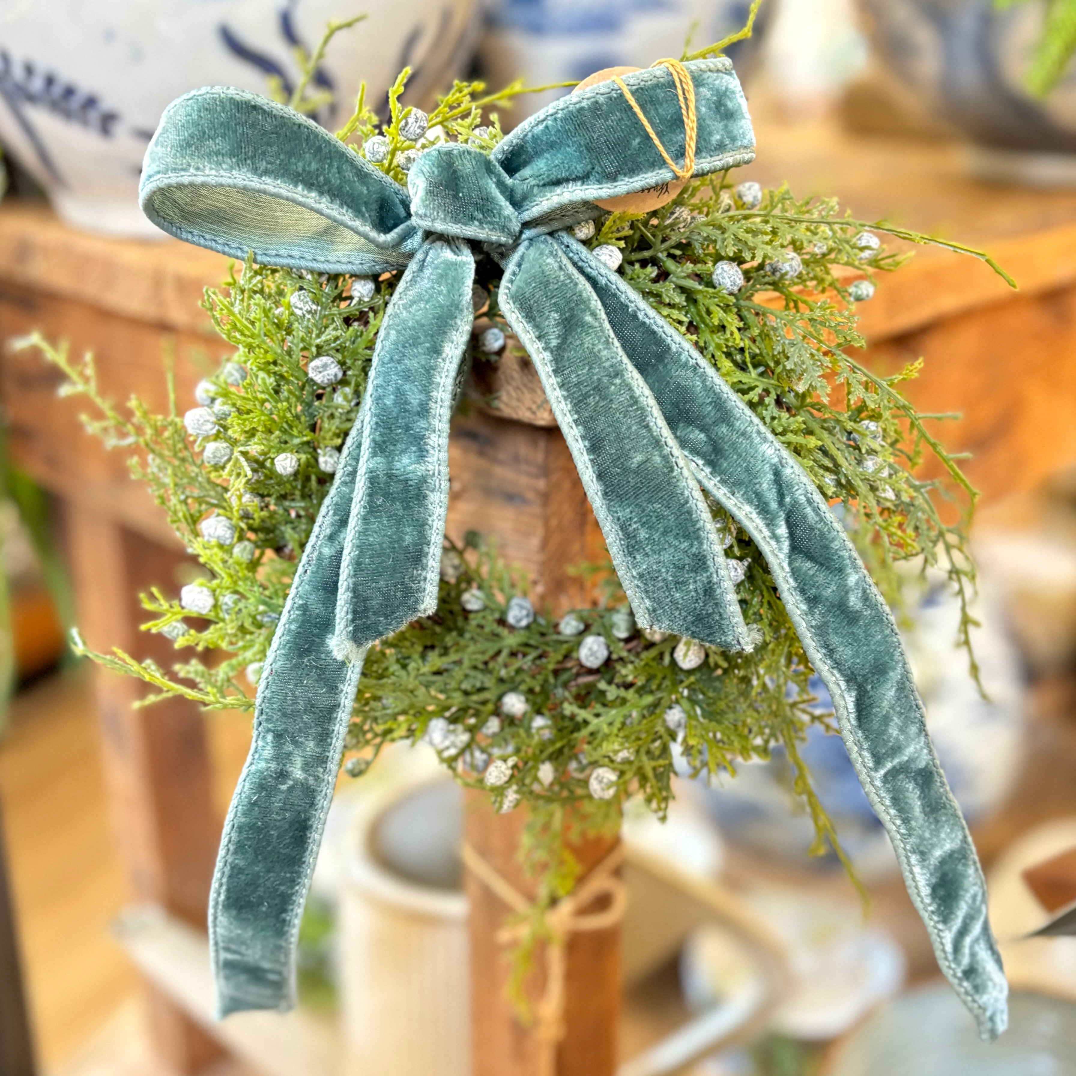 8" Juniper Wreath with Velvet Bow