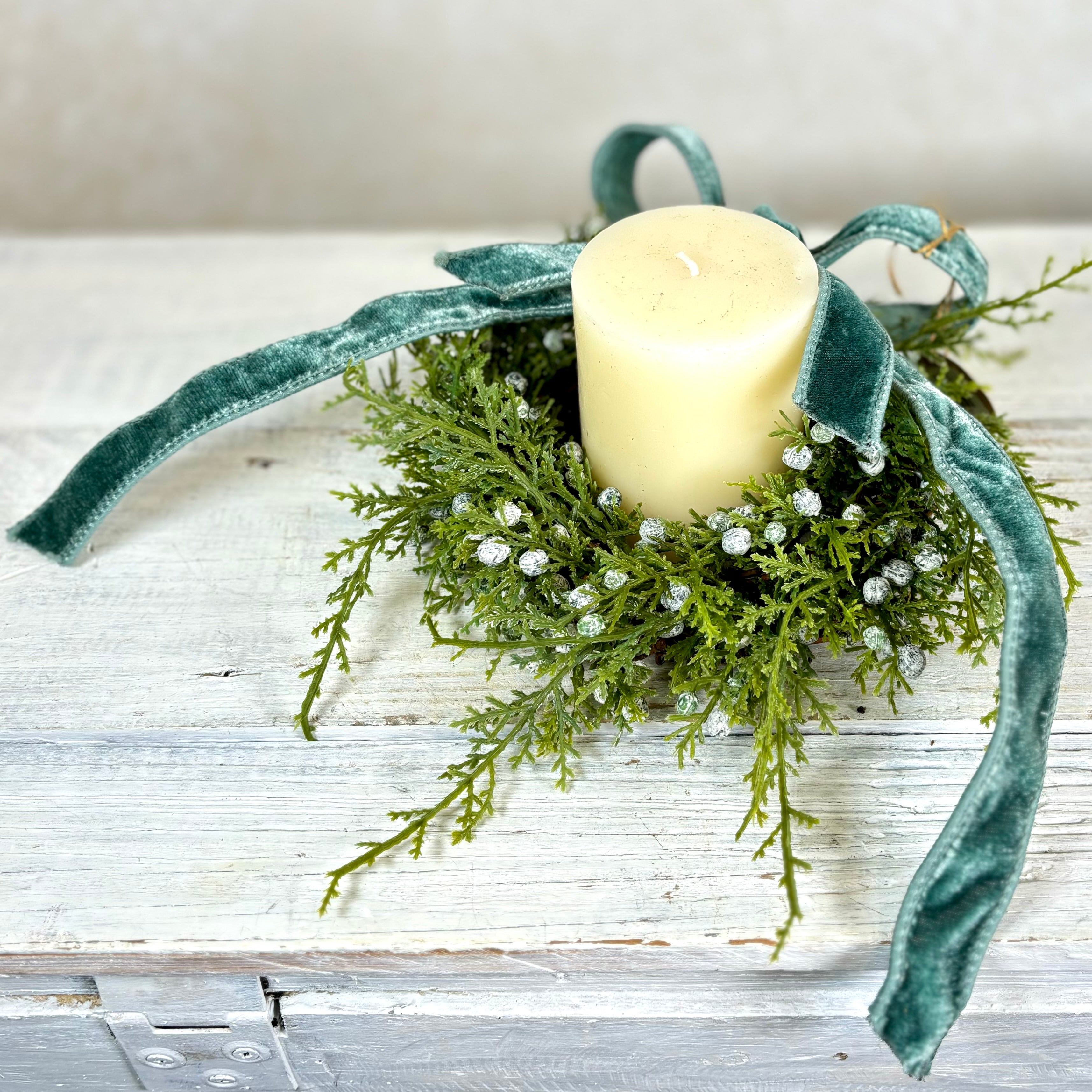 8" Juniper Wreath with Velvet Bow