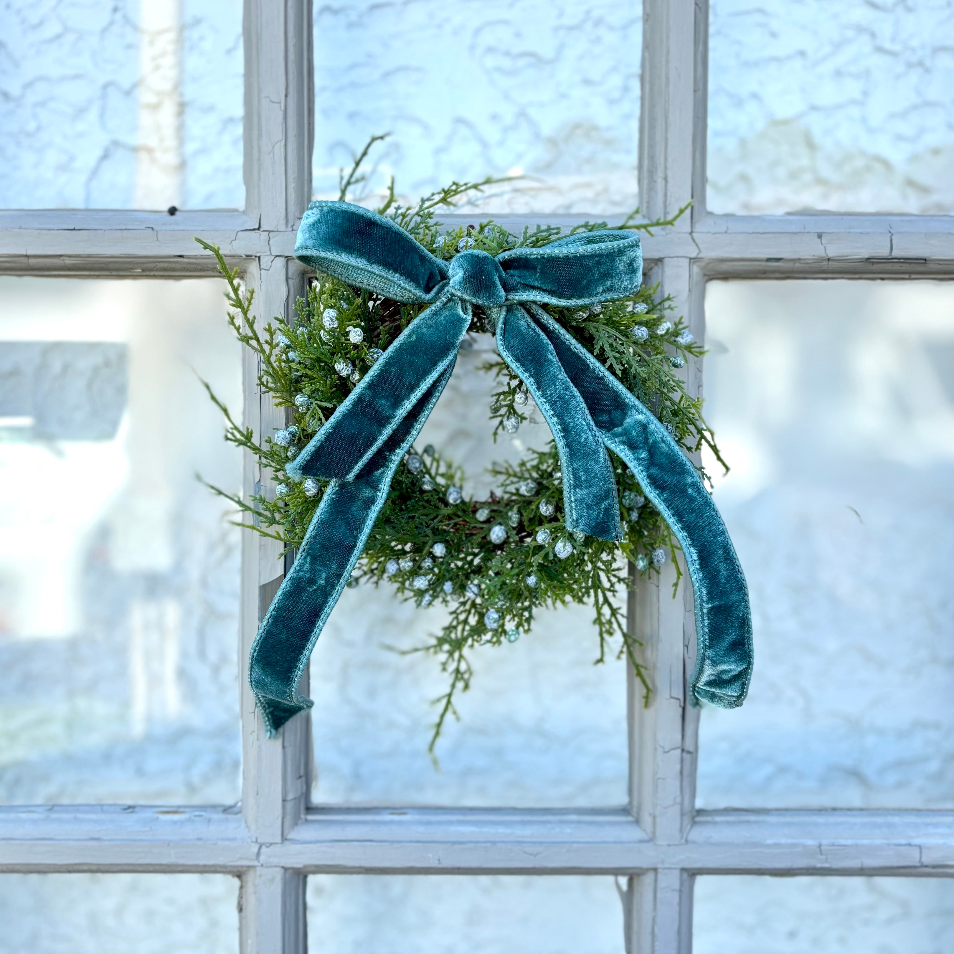 8" Juniper Wreath with Velvet Bow