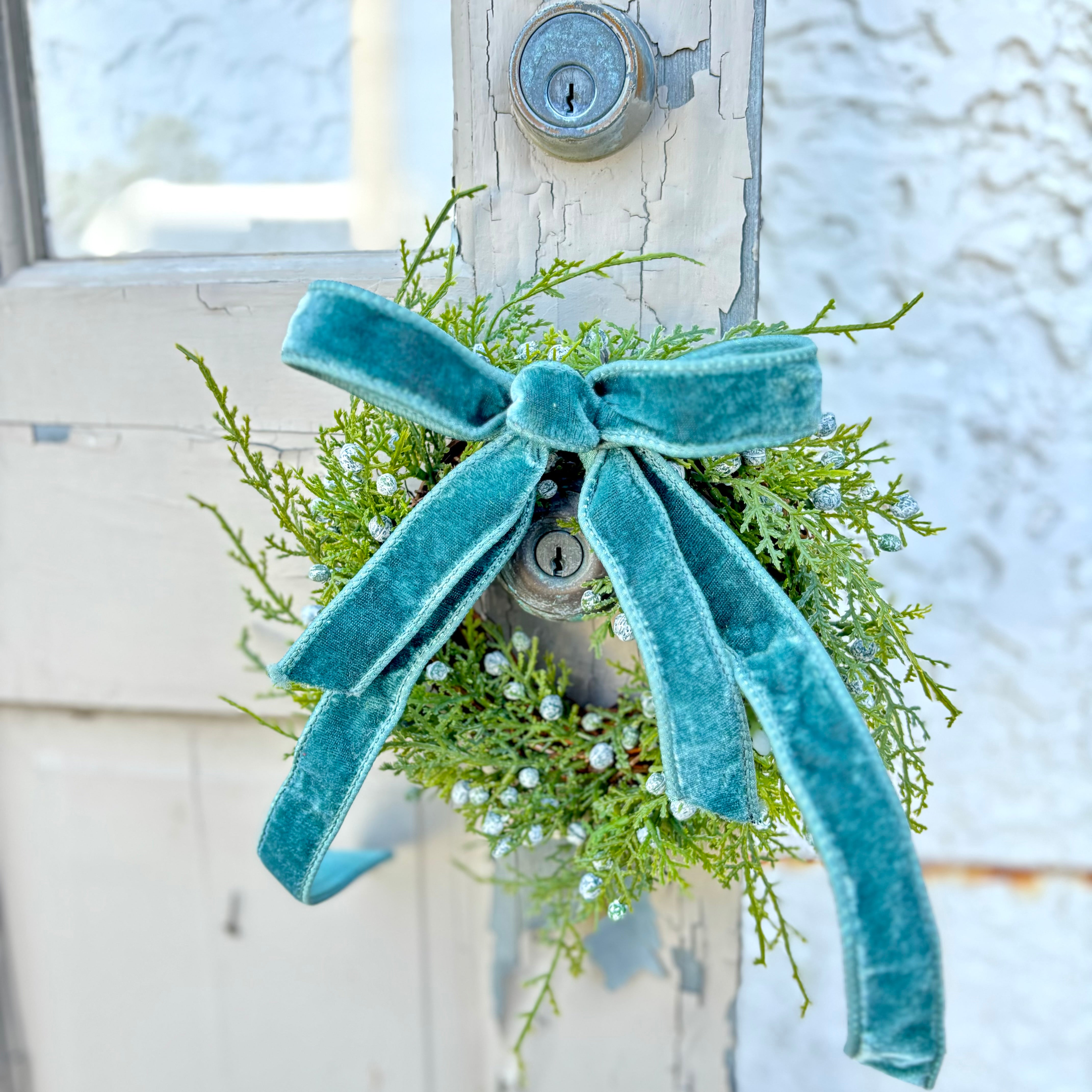 8" Juniper Wreath with Velvet Bow