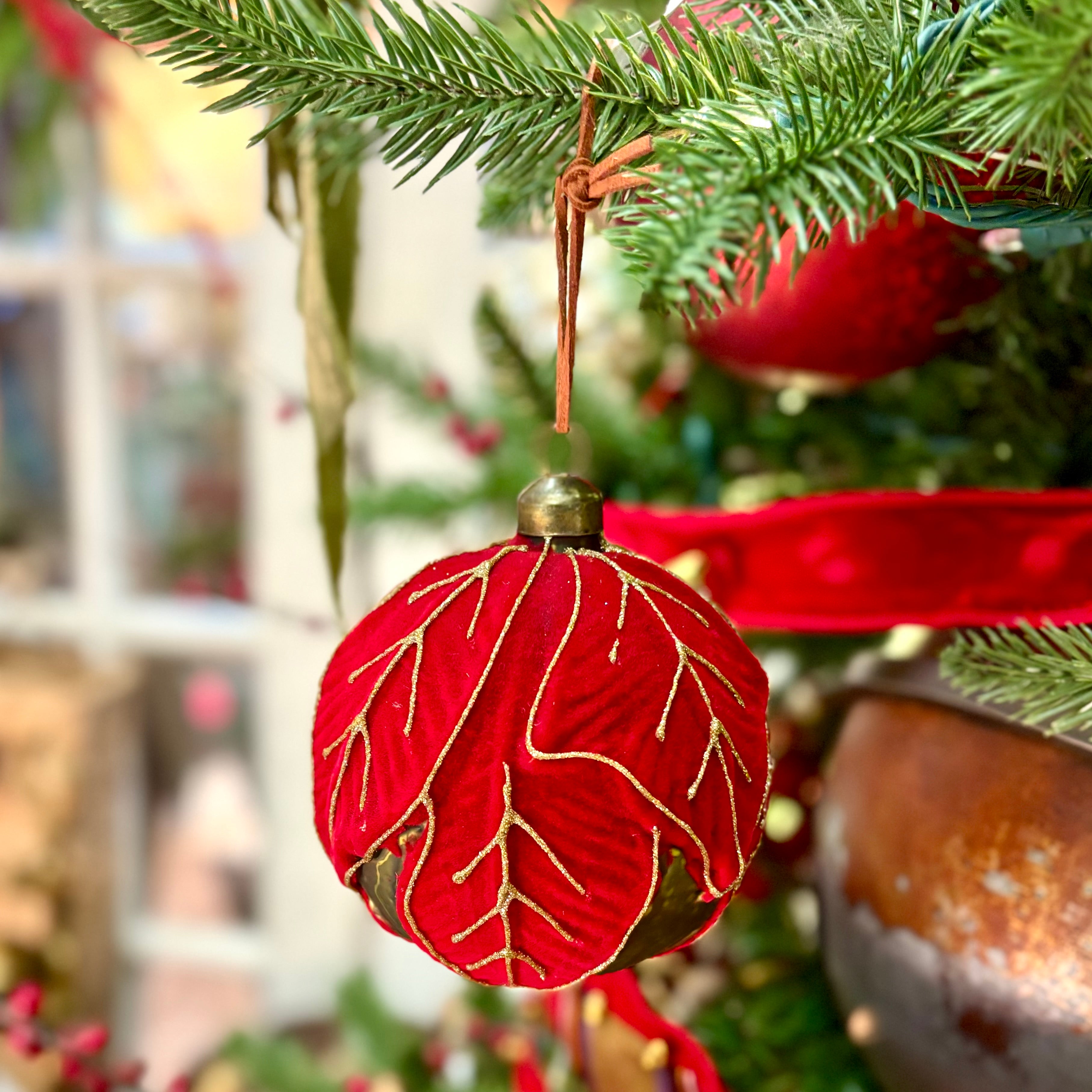 Glass Poinsettia Ball Antique Green with Red Velvet Gold Glitter Ornament