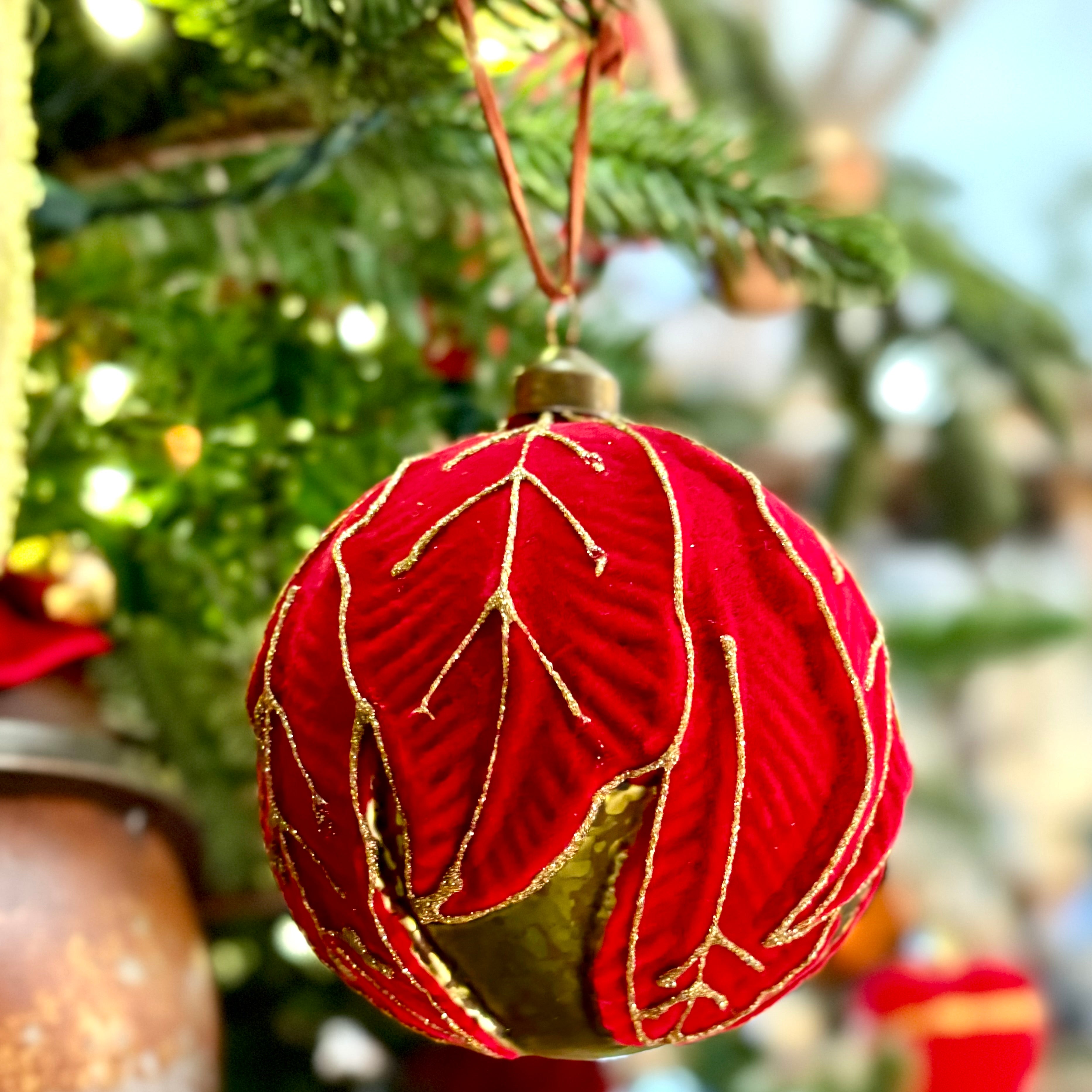 Glass Poinsettia Ball Antique Green with Red Velvet Gold Glitter Ornament