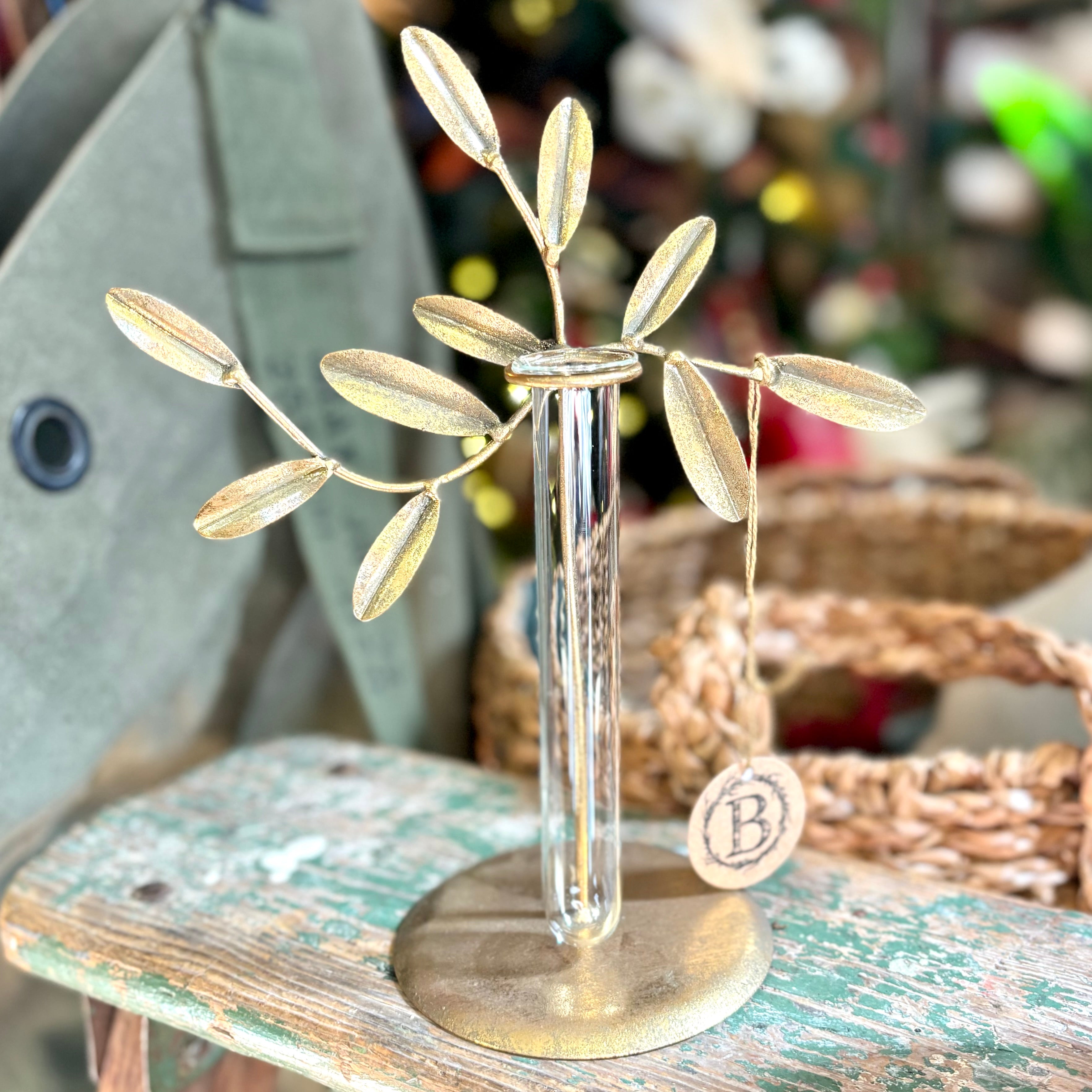 Metal Leaves Glass Vase/Votive Antique Gold