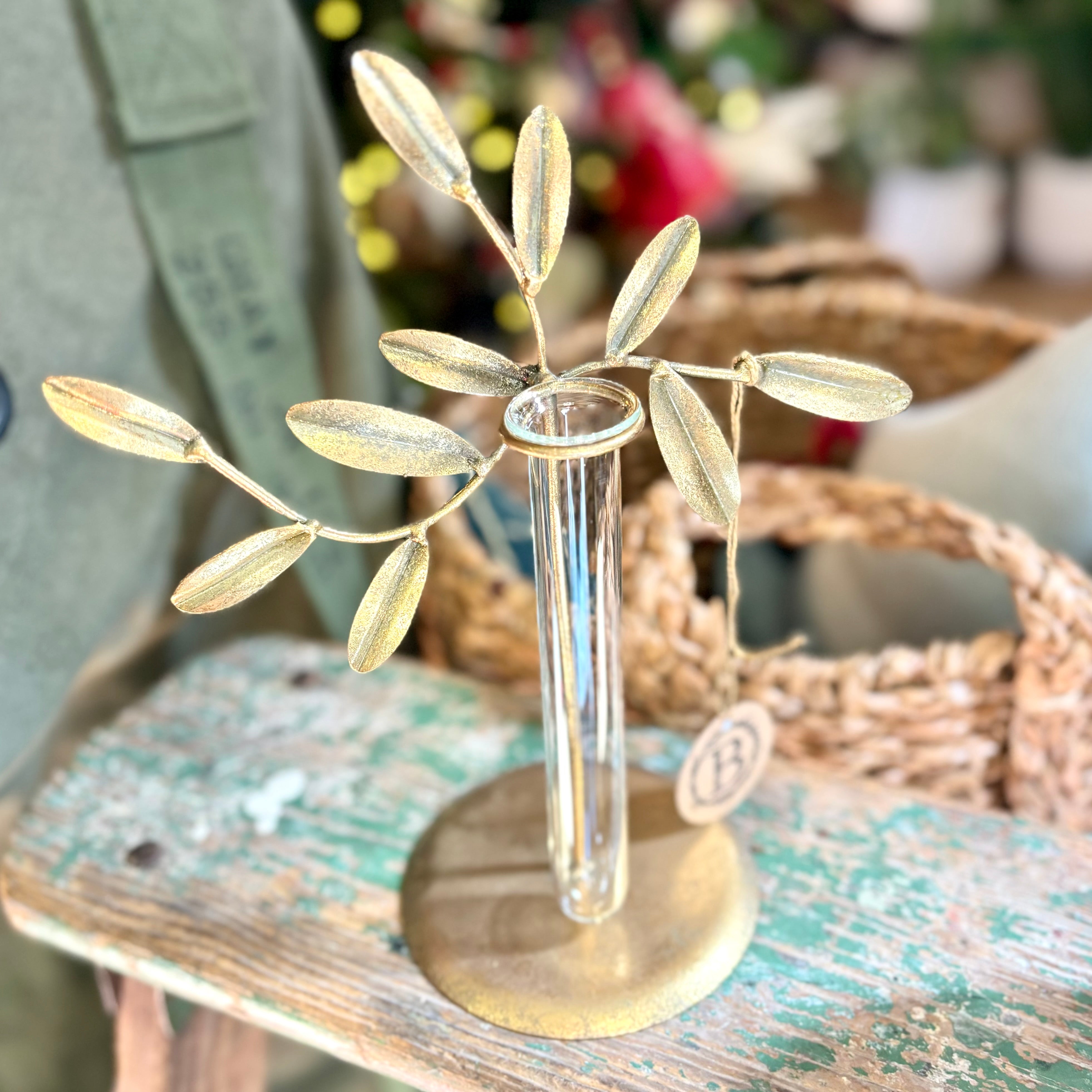 Metal Leaves Glass Vase/Votive Antique Gold