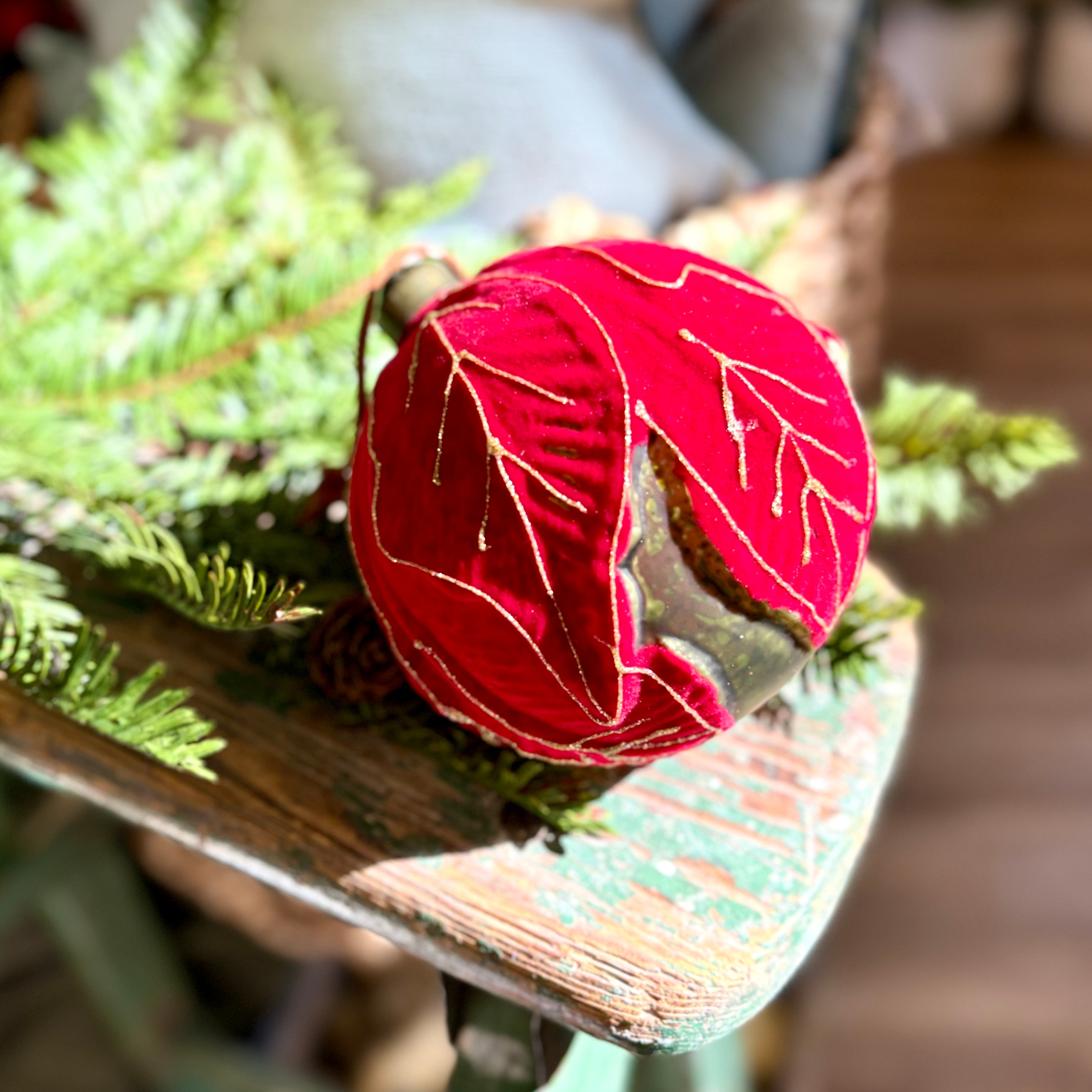 Glass Poinsettia Ball Antique Green with Red Velvet Gold Glitter Ornament