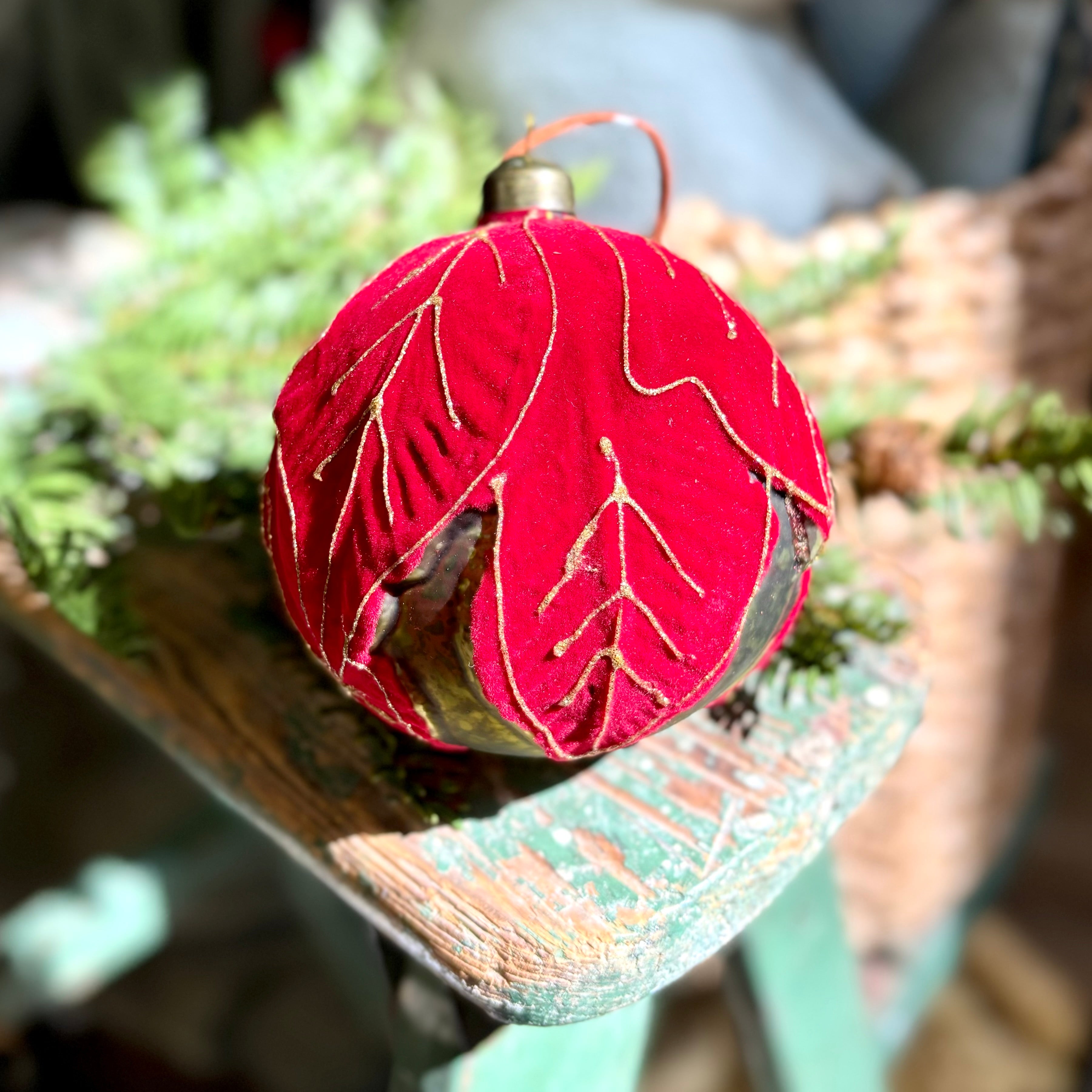 Glass Poinsettia Ball Antique Green with Red Velvet Gold Glitter Ornament