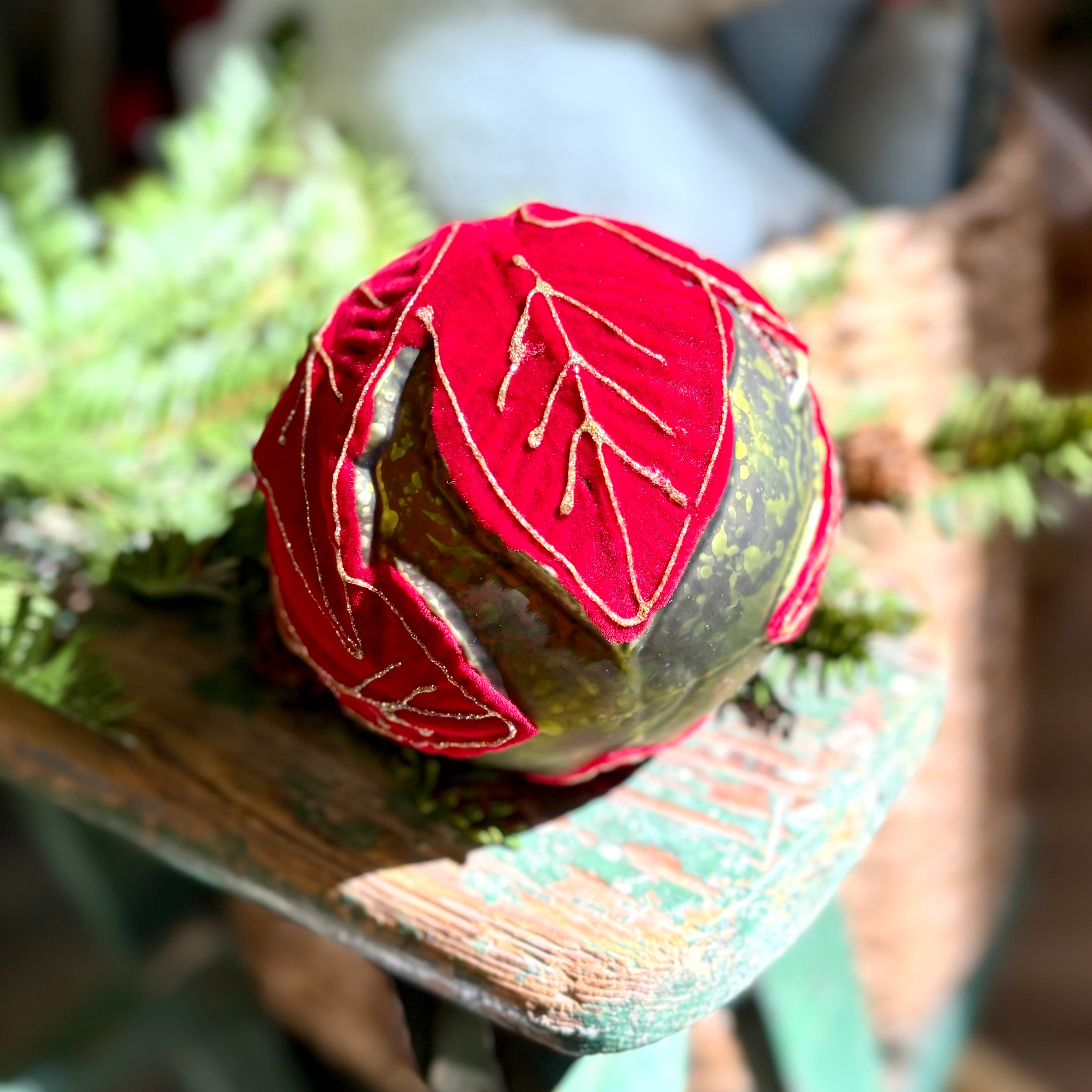 Glass Poinsettia Ball Antique Green with Red Velvet Gold Glitter Ornament