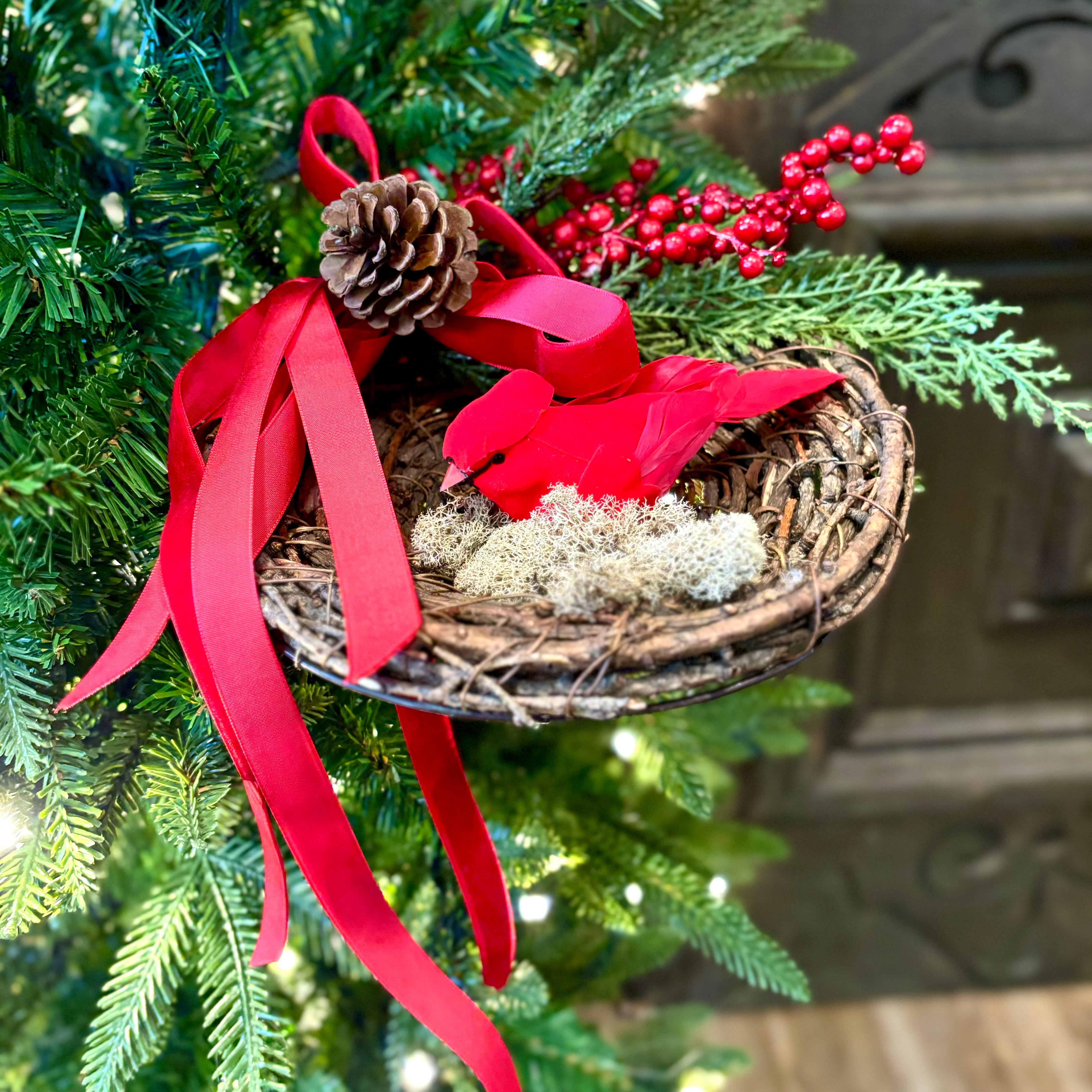 Red Cardinal in Holiday Nest