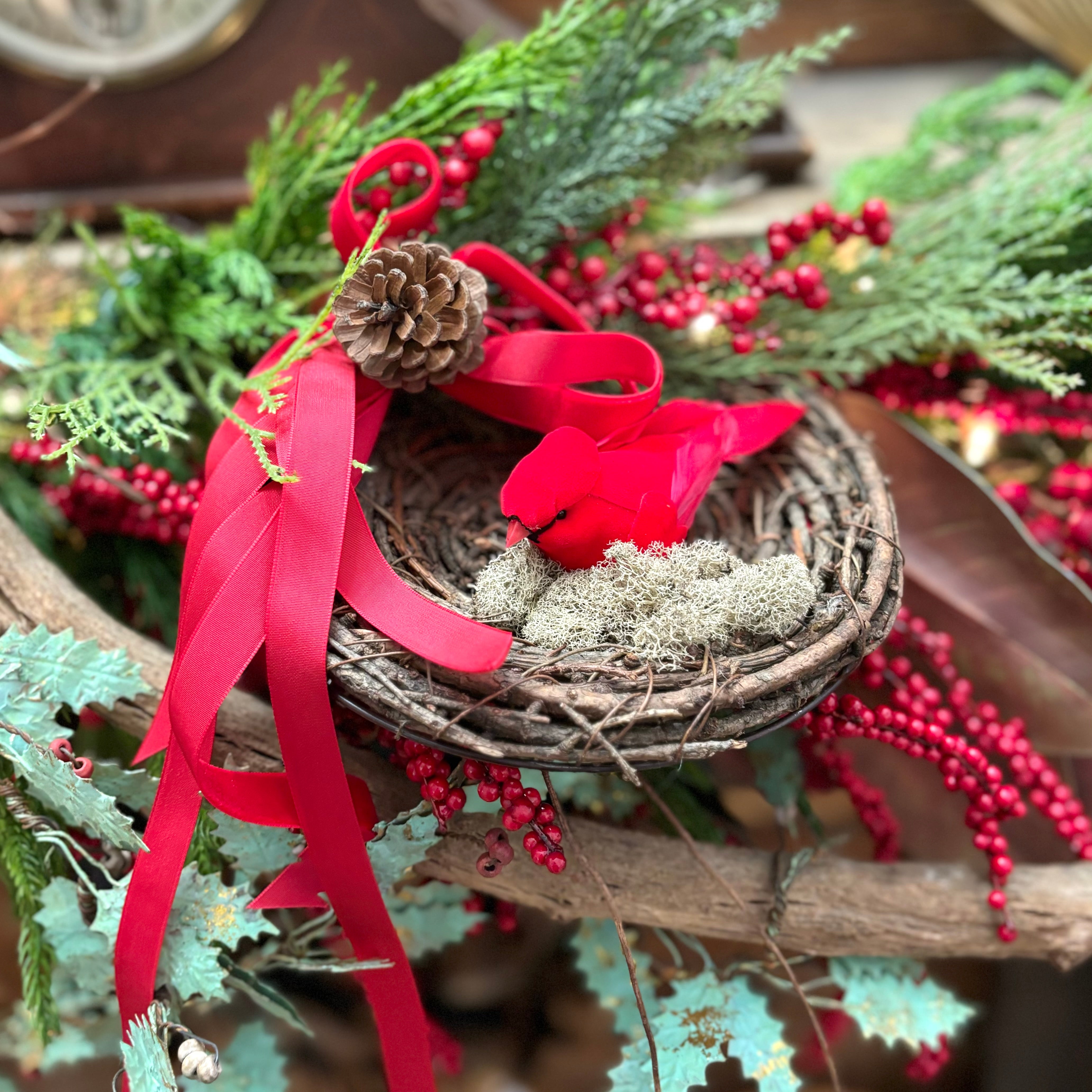 Red Cardinal in Holiday Nest