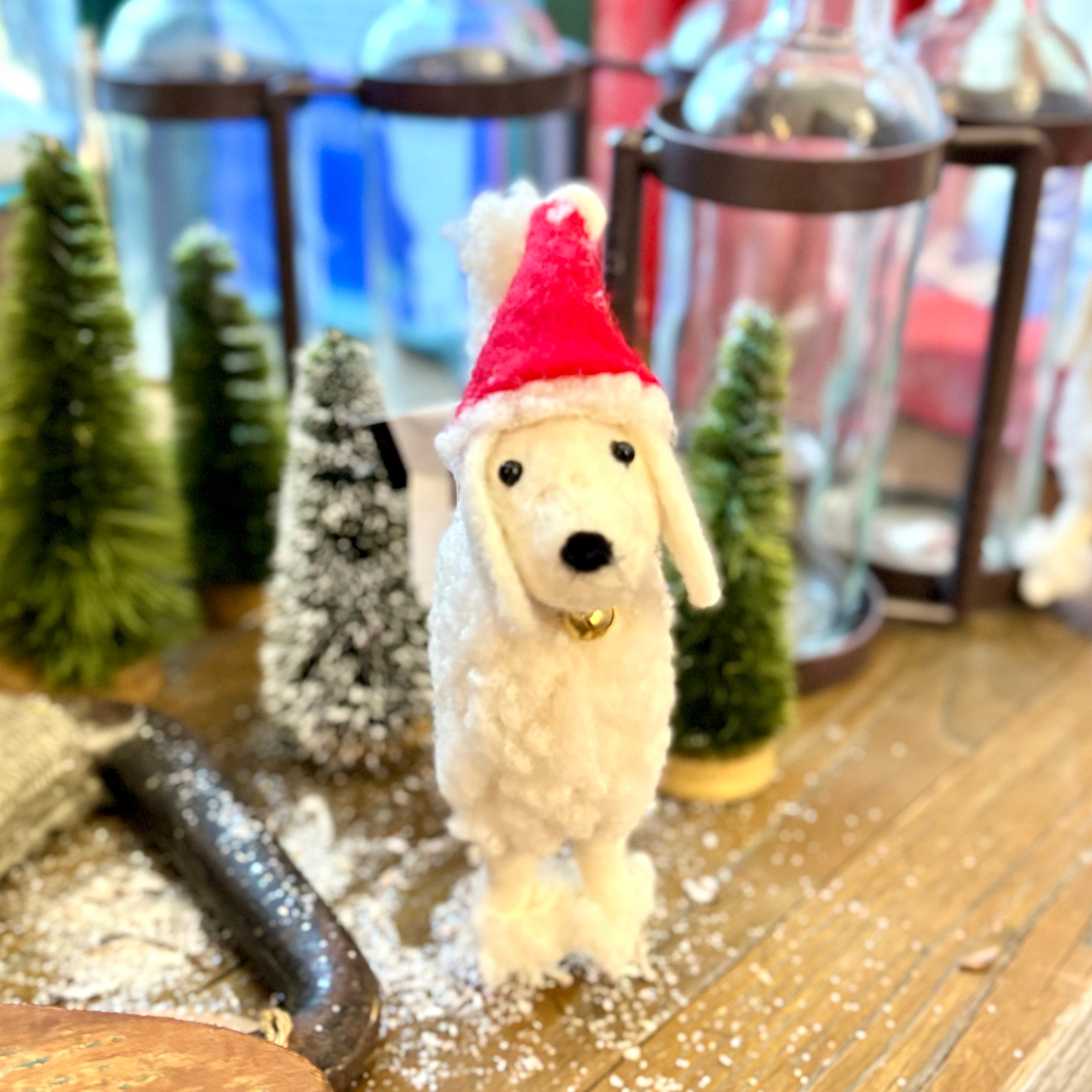 White Wool Dog with Santa Hat