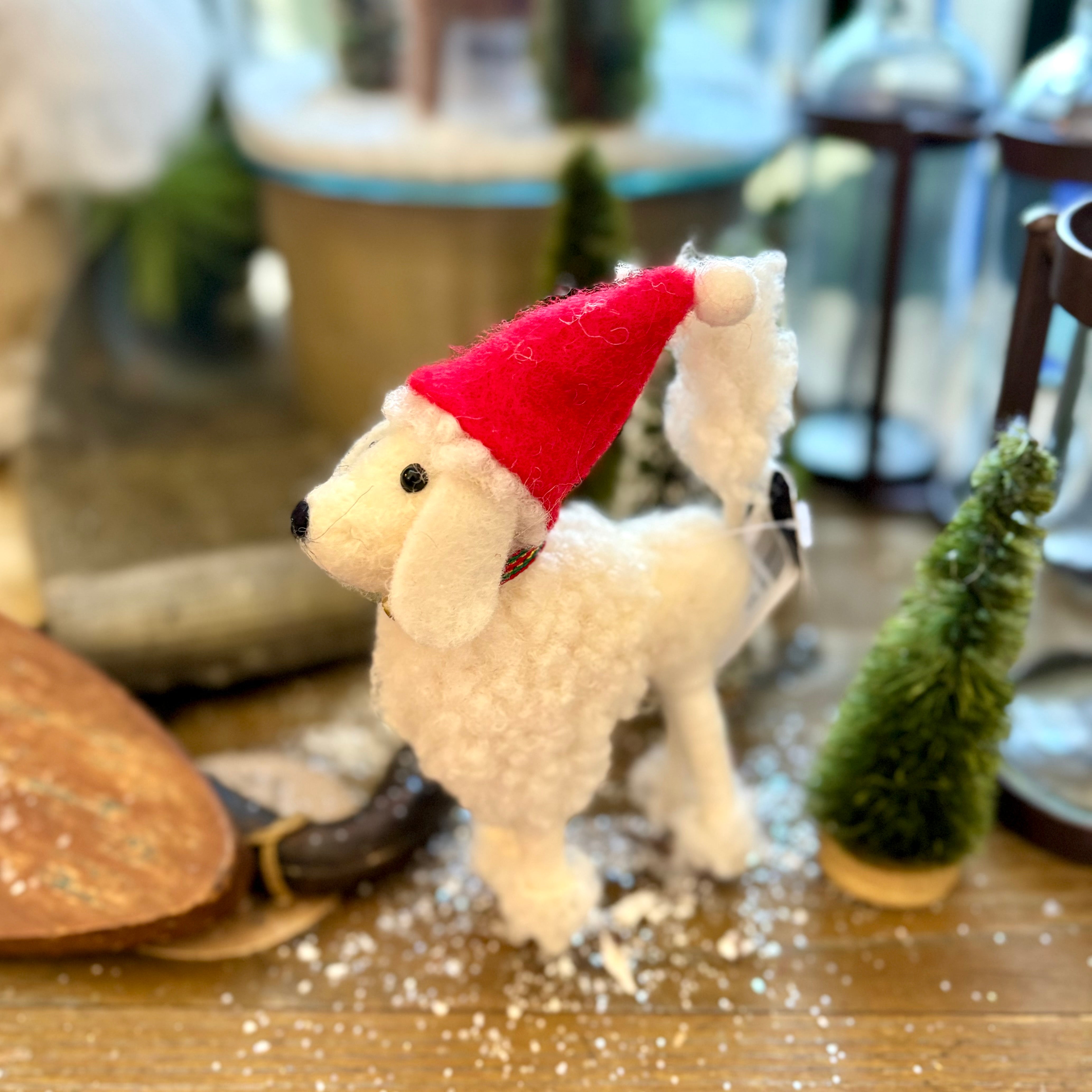 White Wool Dog with Santa Hat