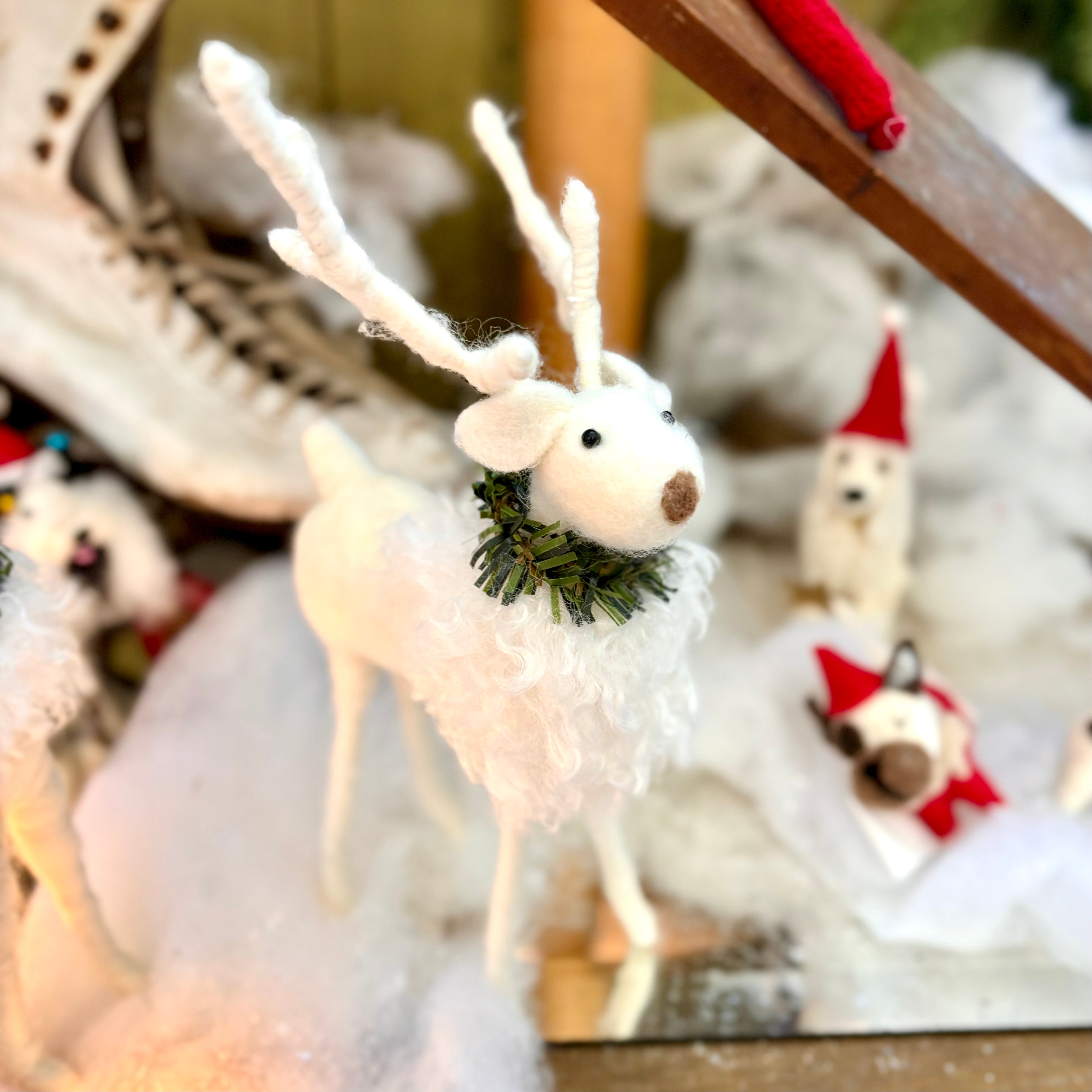 White Wool Deer with Pine Wreath Large