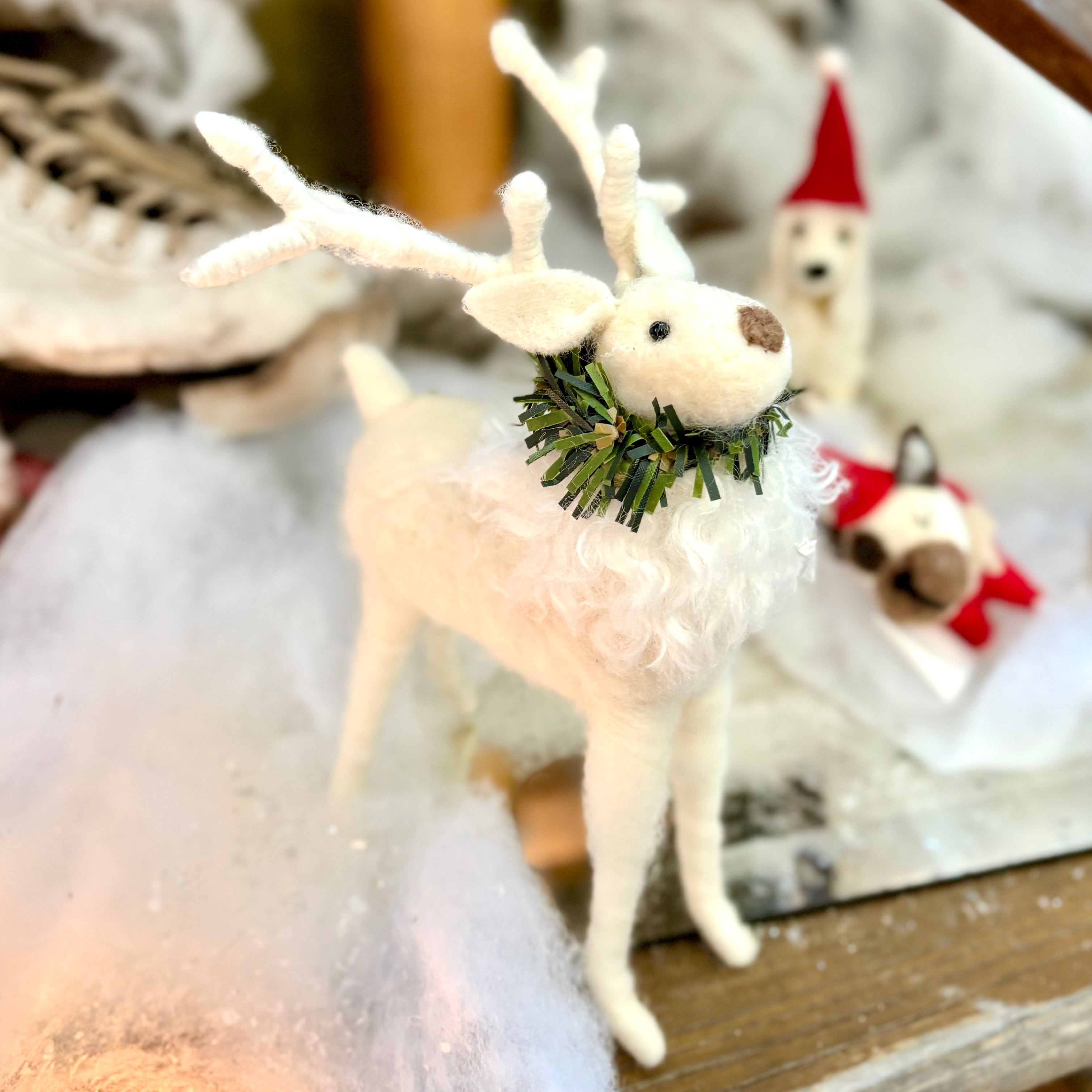 White Wool Deer with Pine Wreath Medium