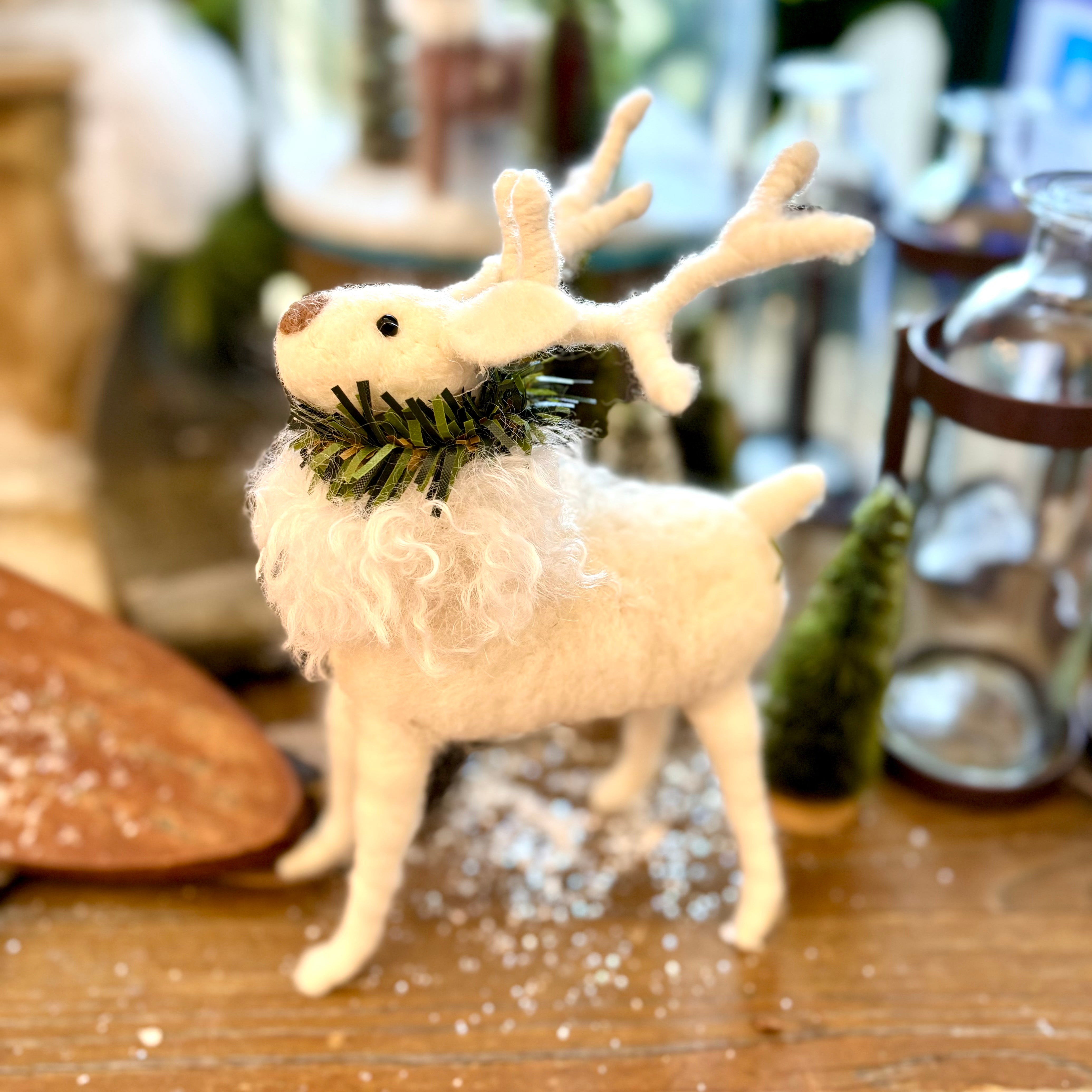 White Wool Deer with Pine Wreath Medium