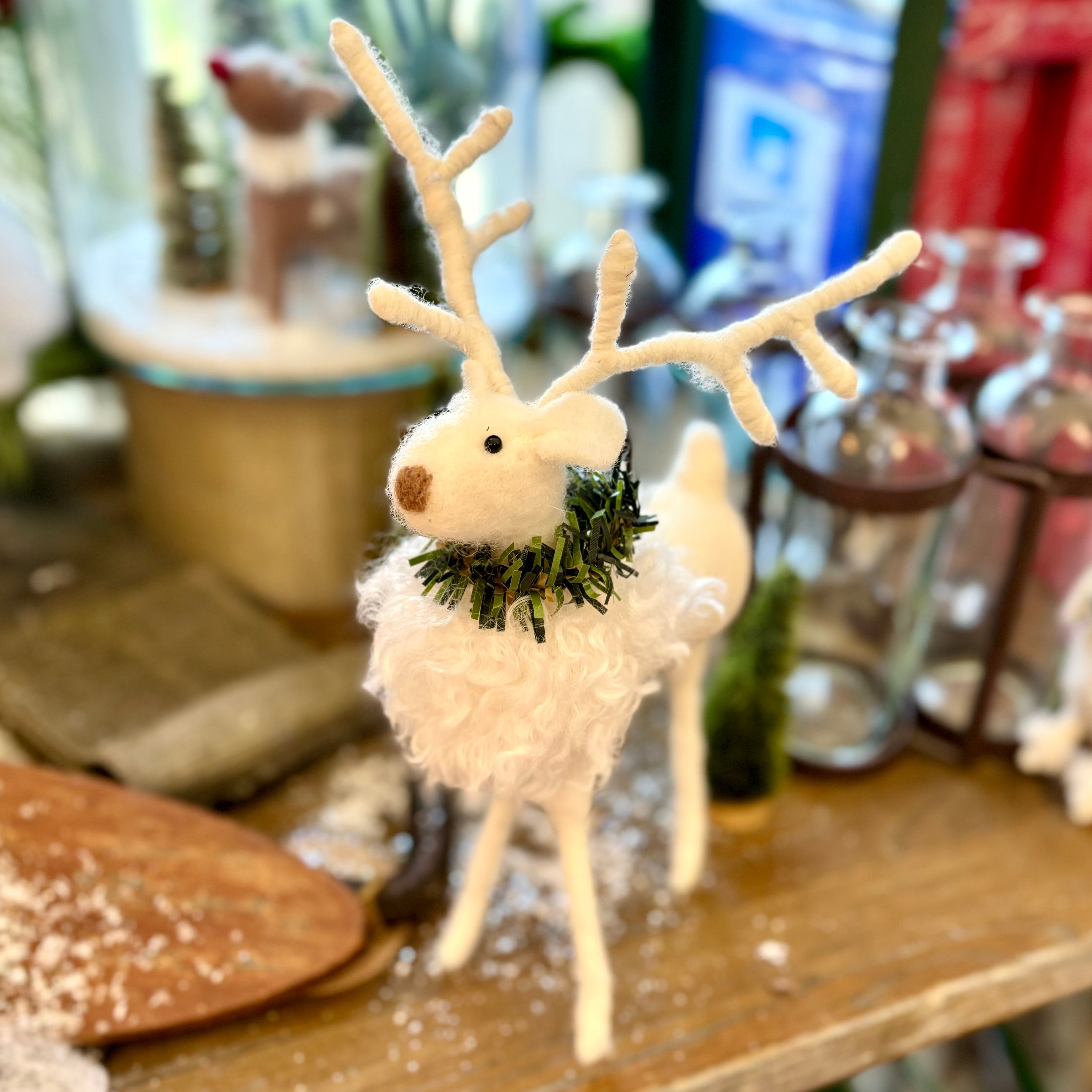 White Wool Deer with Pine Wreath Large