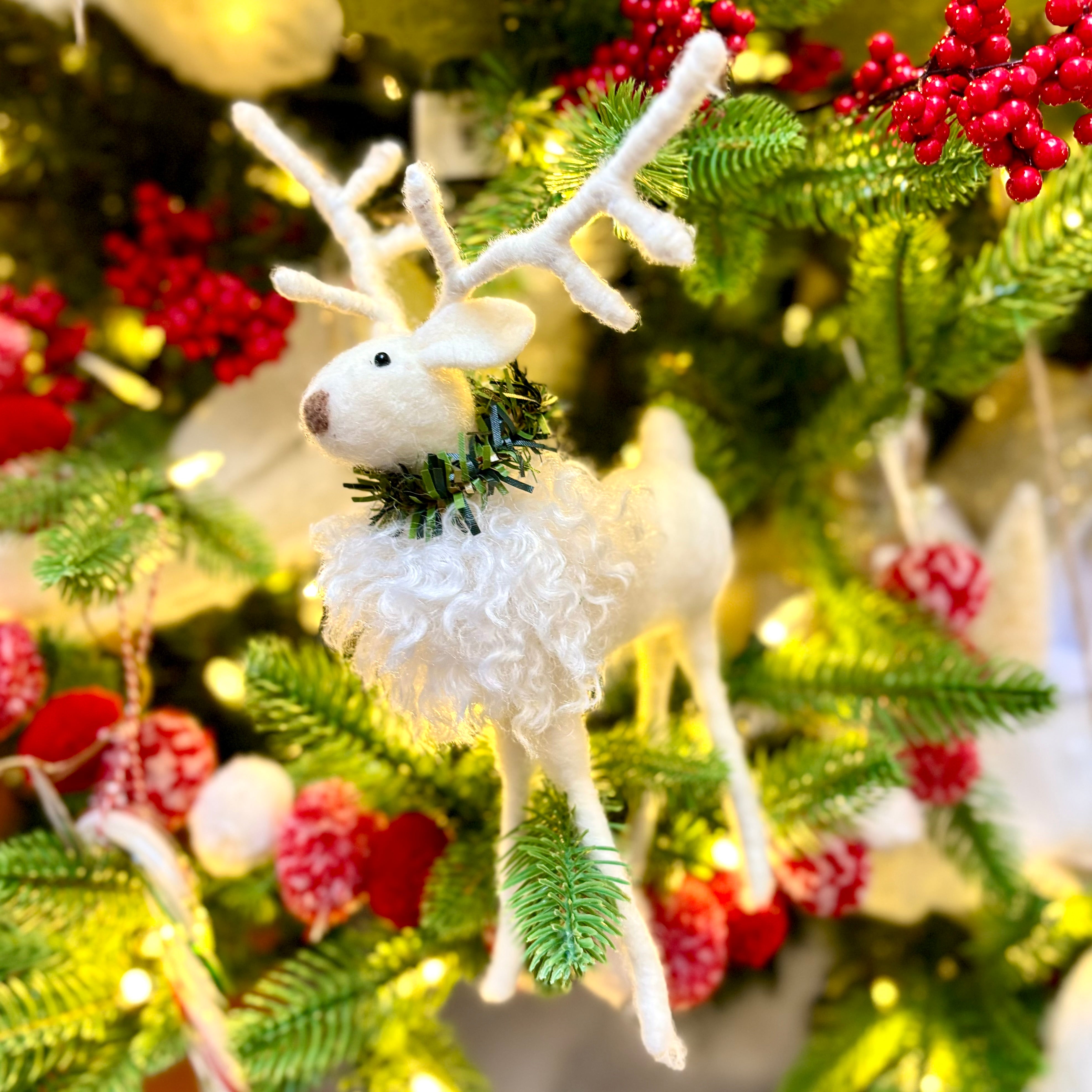 White Wool Deer with Pine Wreath Large