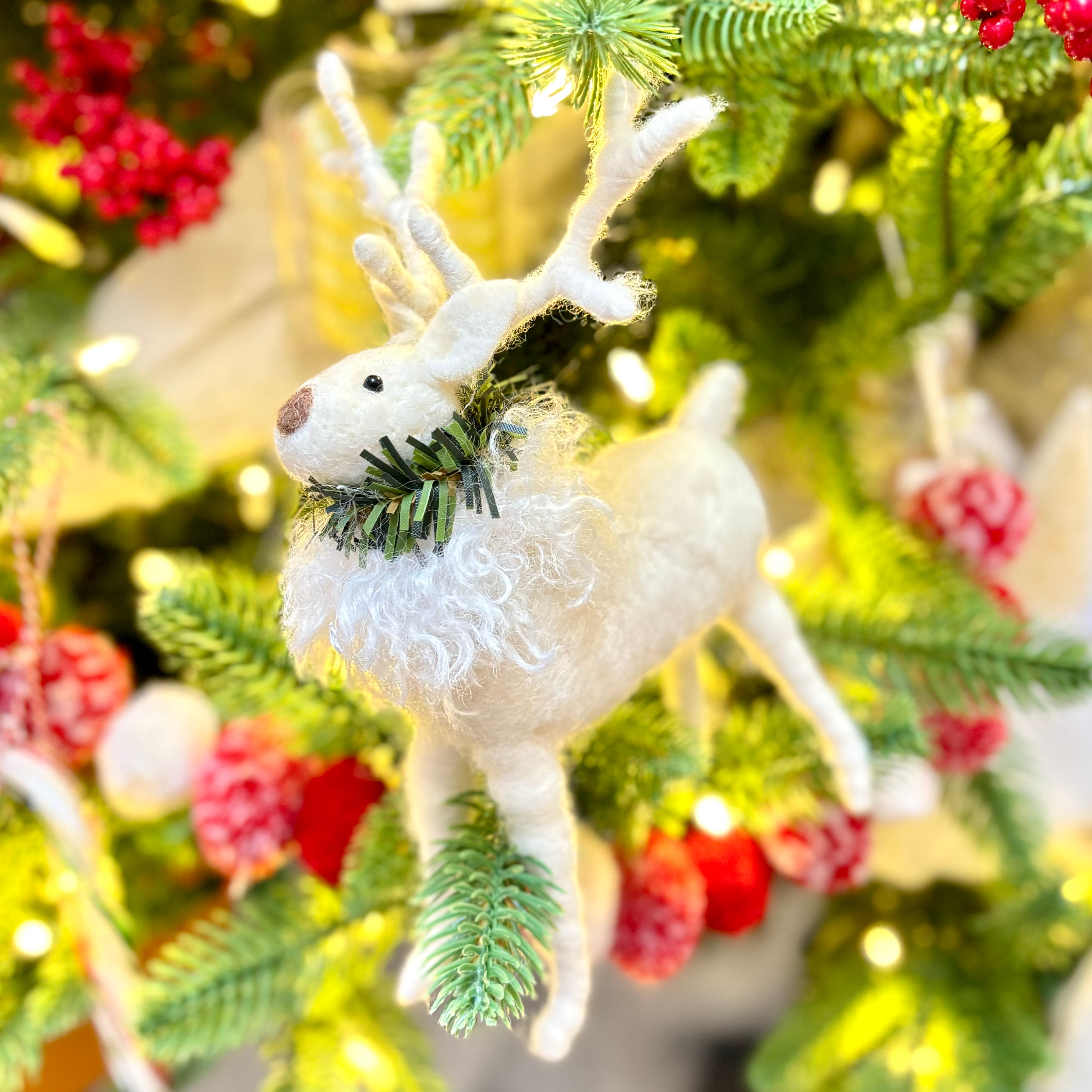 White Wool Deer with Pine Wreath Medium