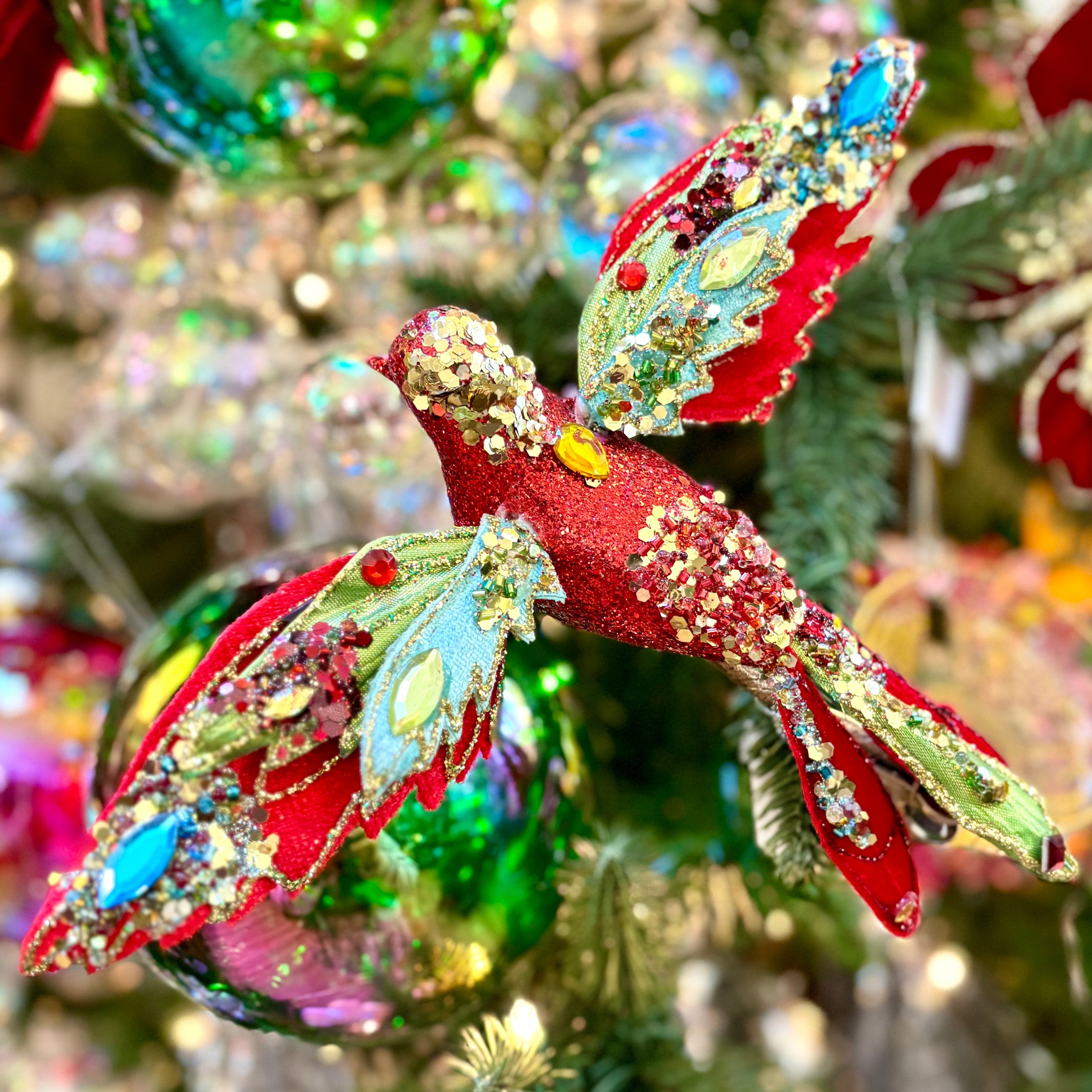 Beaded Red Glitter Bird with Clip