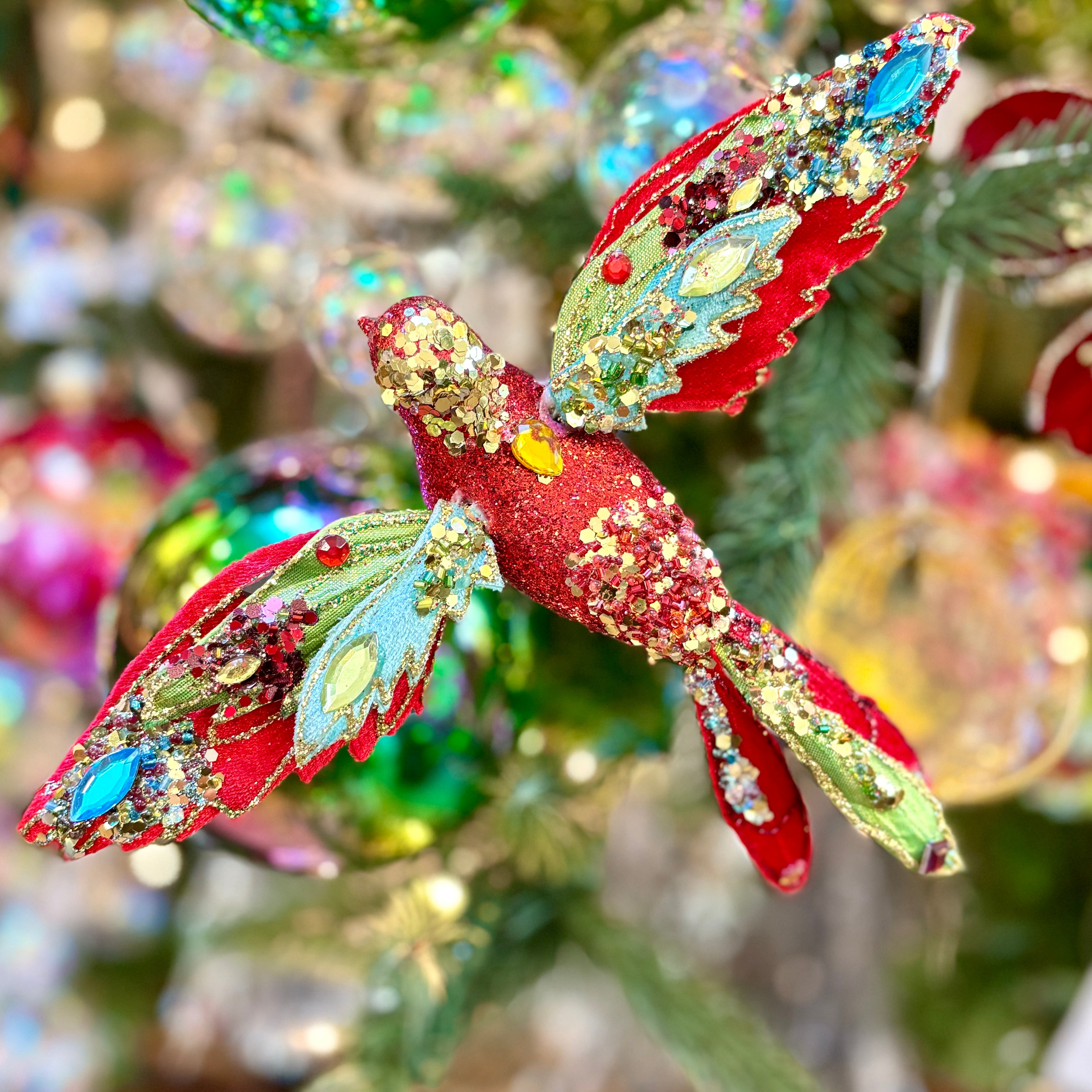 Beaded Red Glitter Bird with Clip