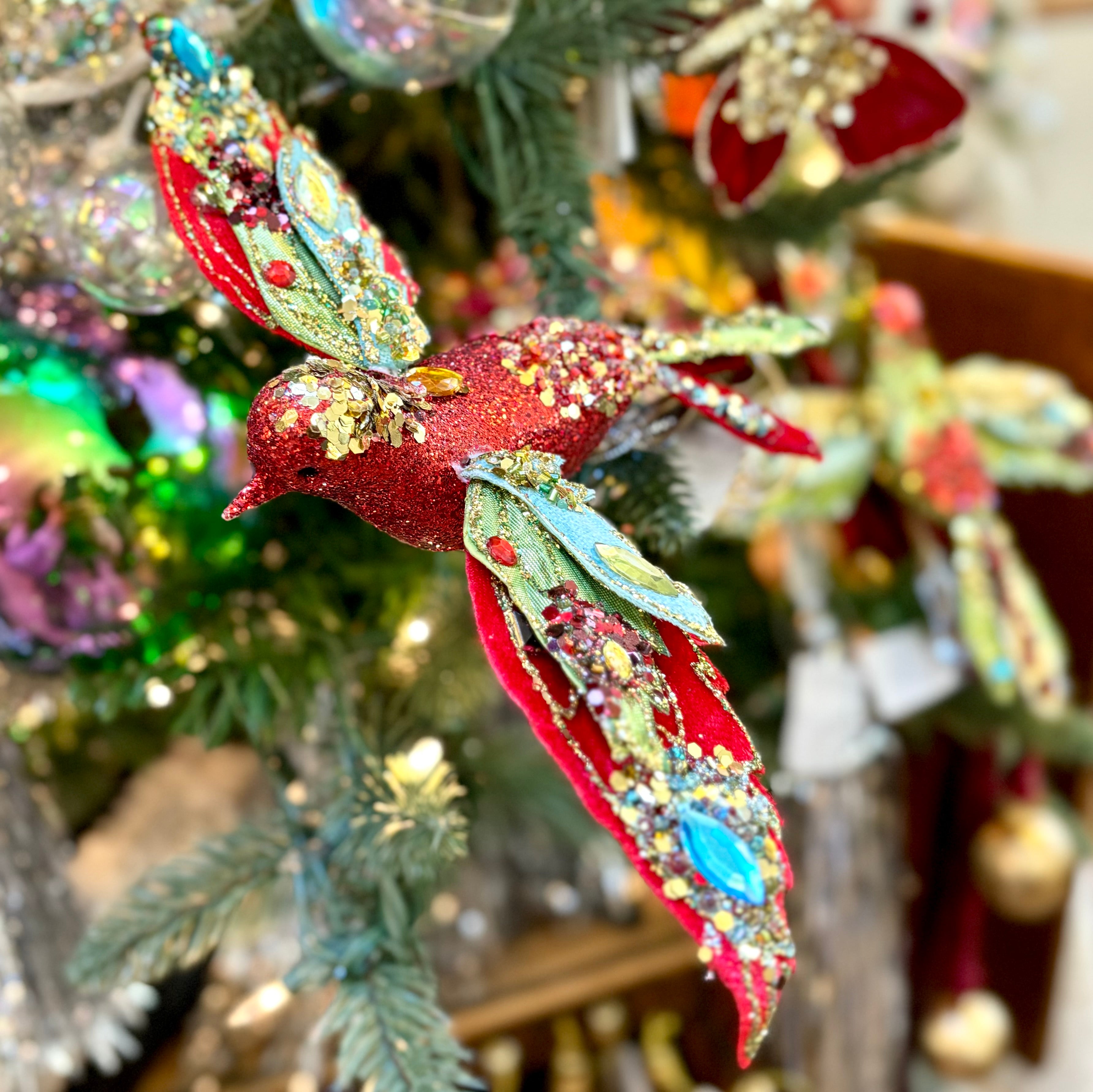 Beaded Red Glitter Bird with Clip