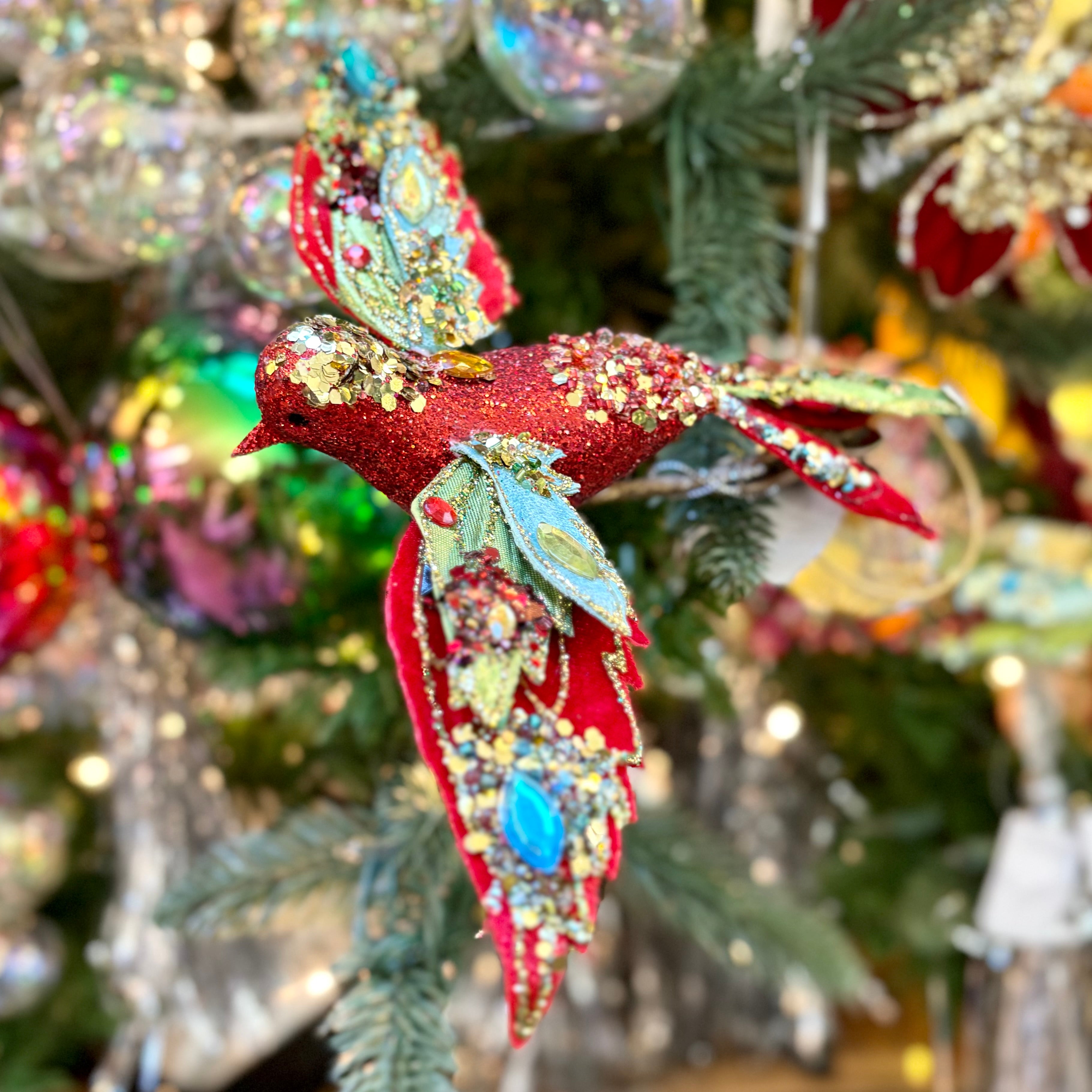 Beaded Red Glitter Bird with Clip