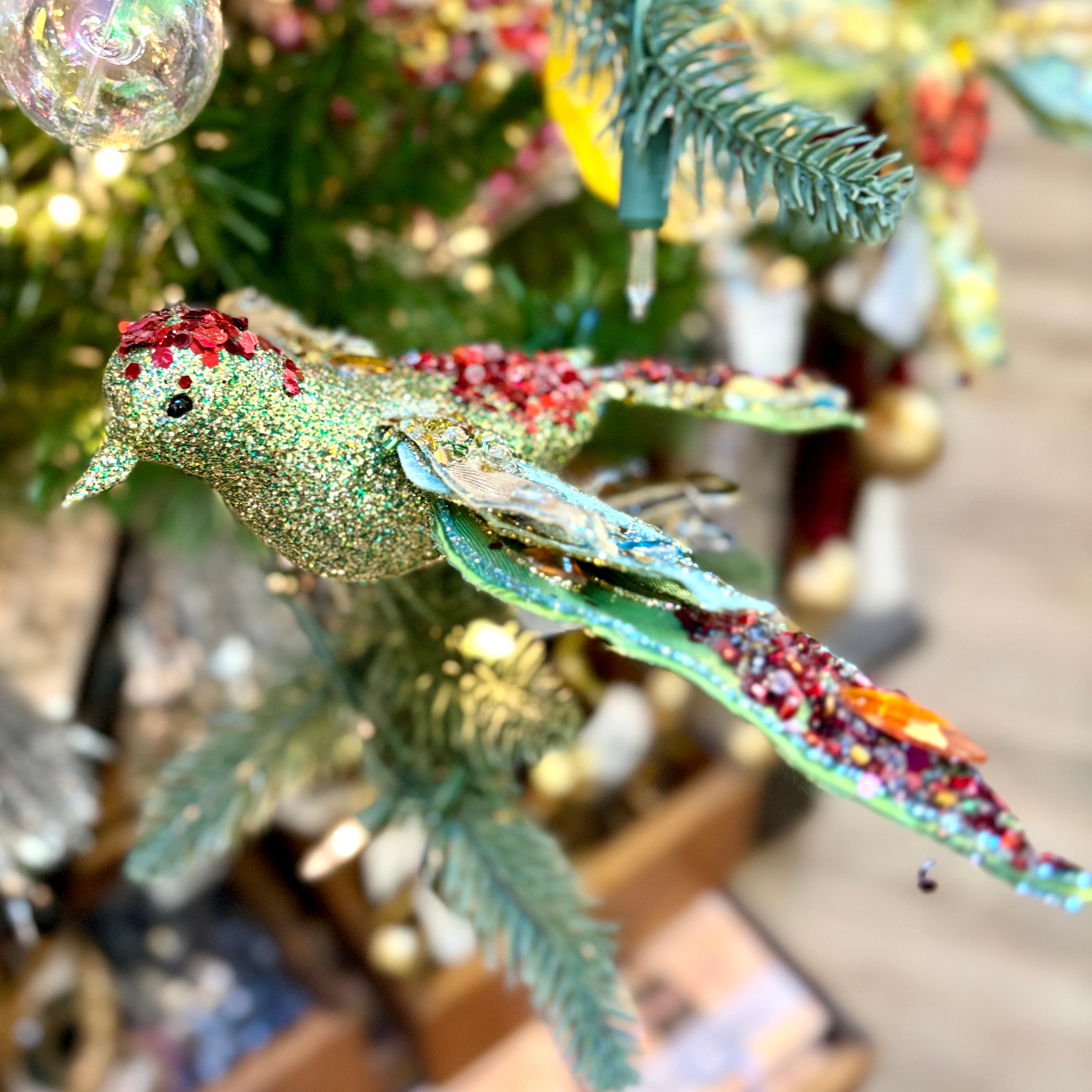 Beaded Green Glitter Bird with Clip