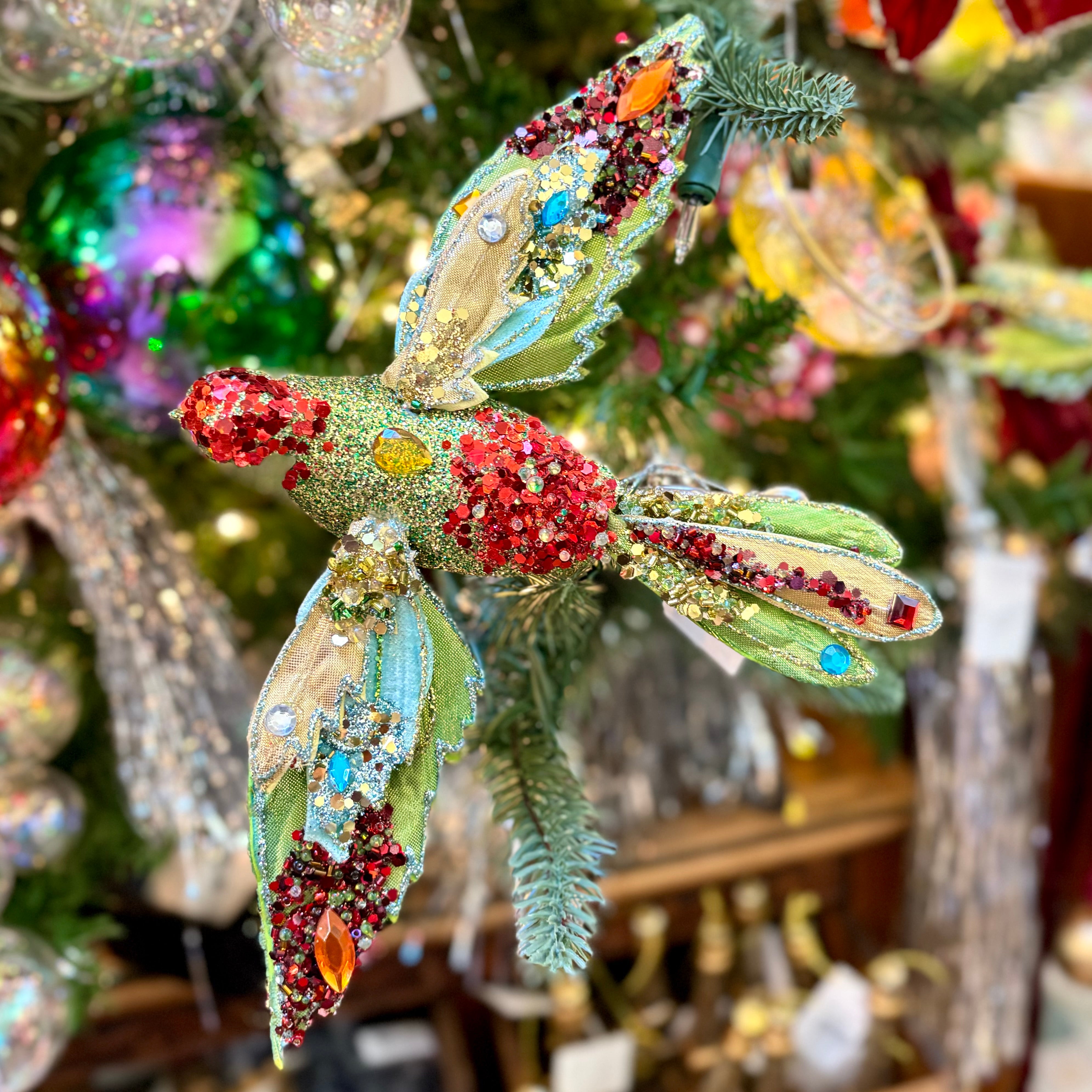 Beaded Green Glitter Bird with Clip