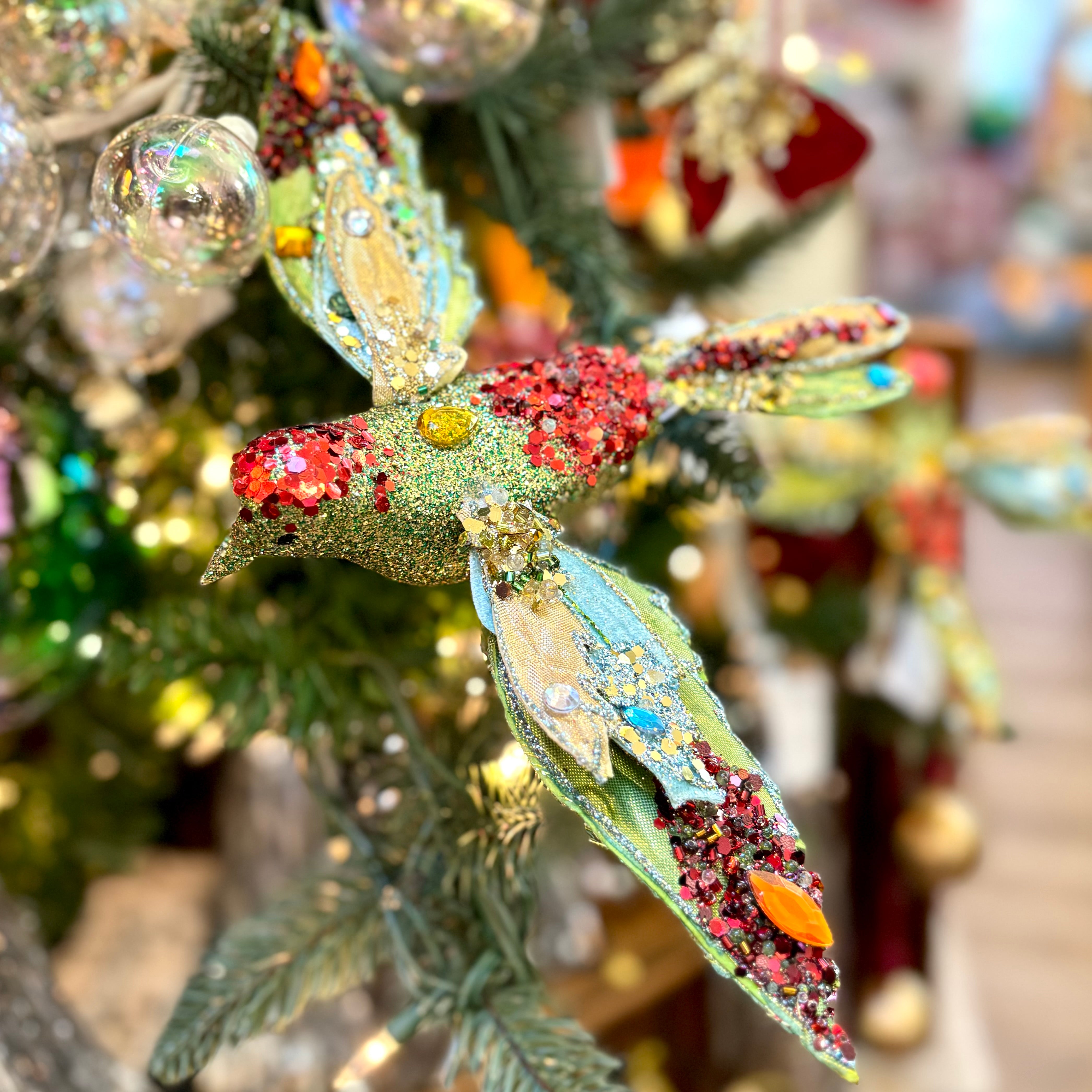 Beaded Green Glitter Bird with Clip