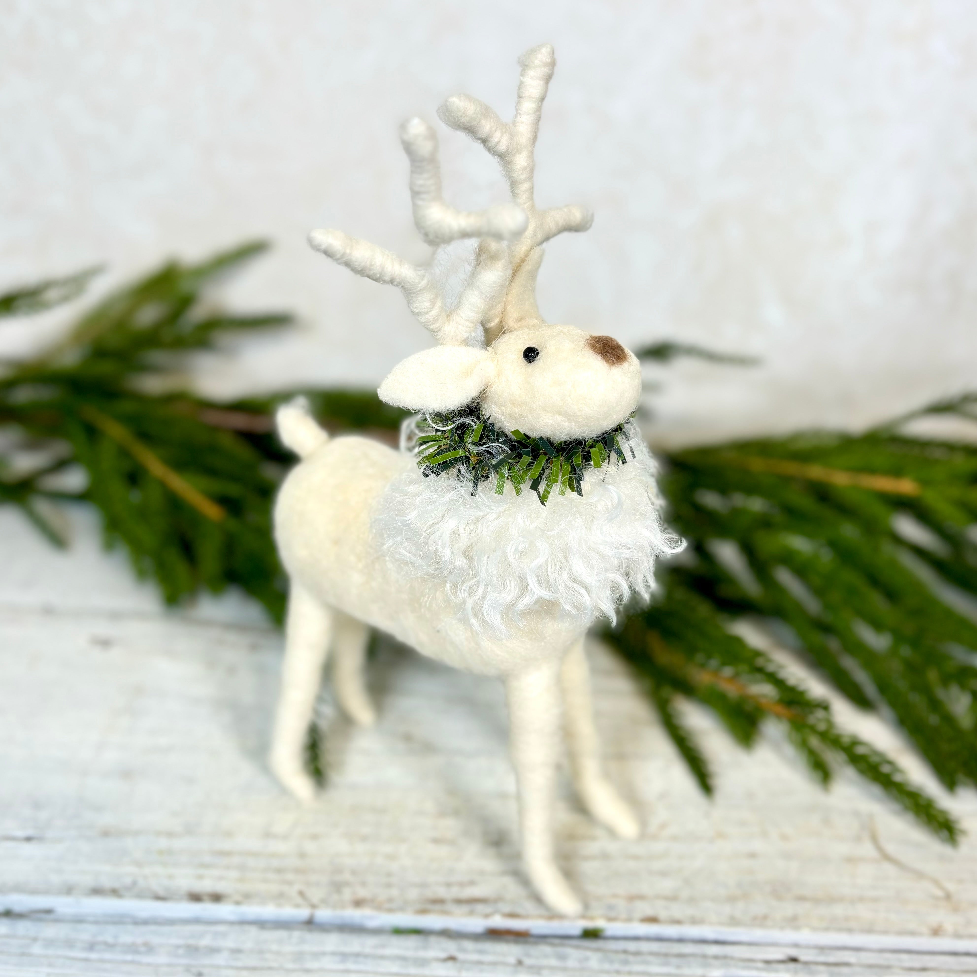 White Wool Deer with Pine Wreath Medium