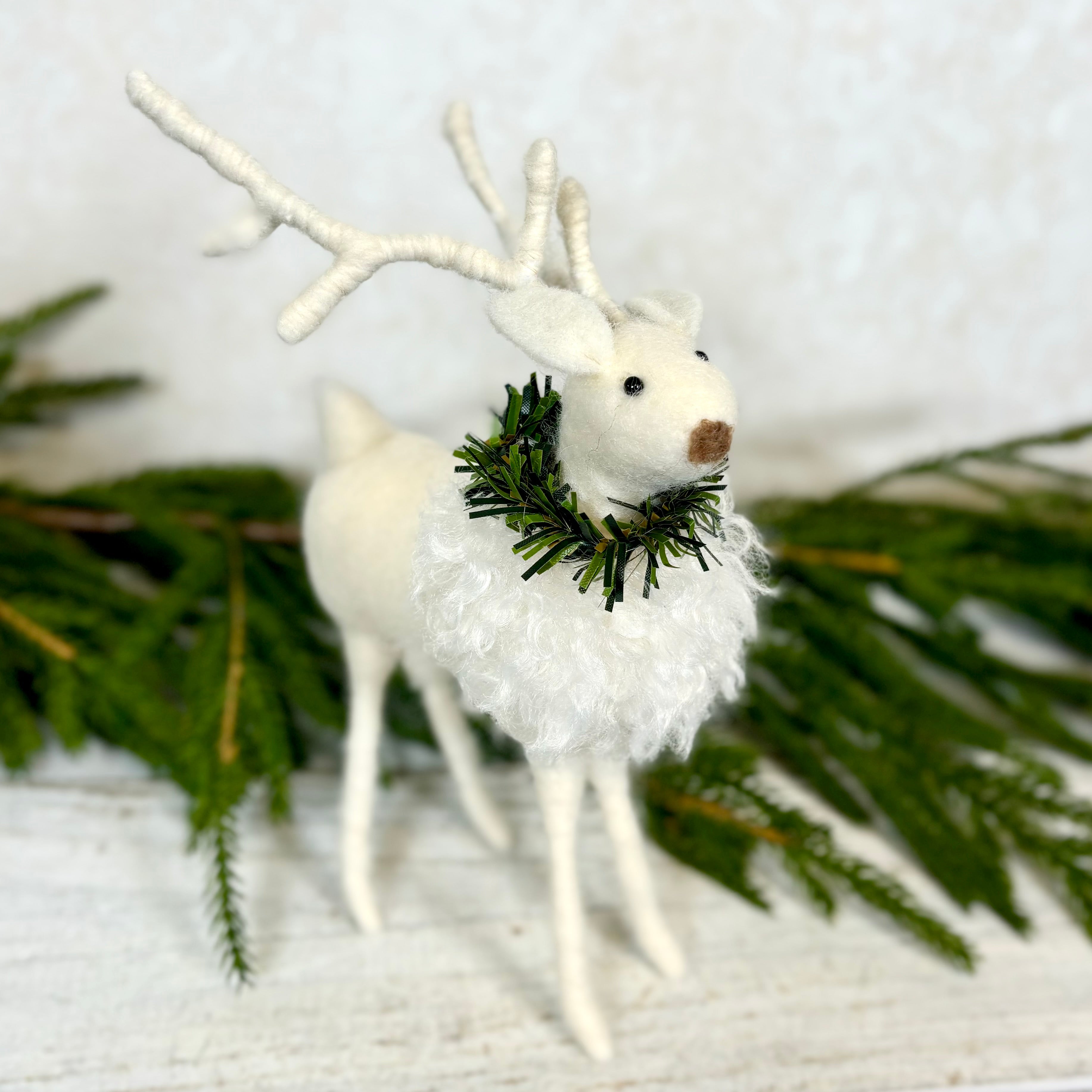 White Wool Deer with Pine Wreath Large