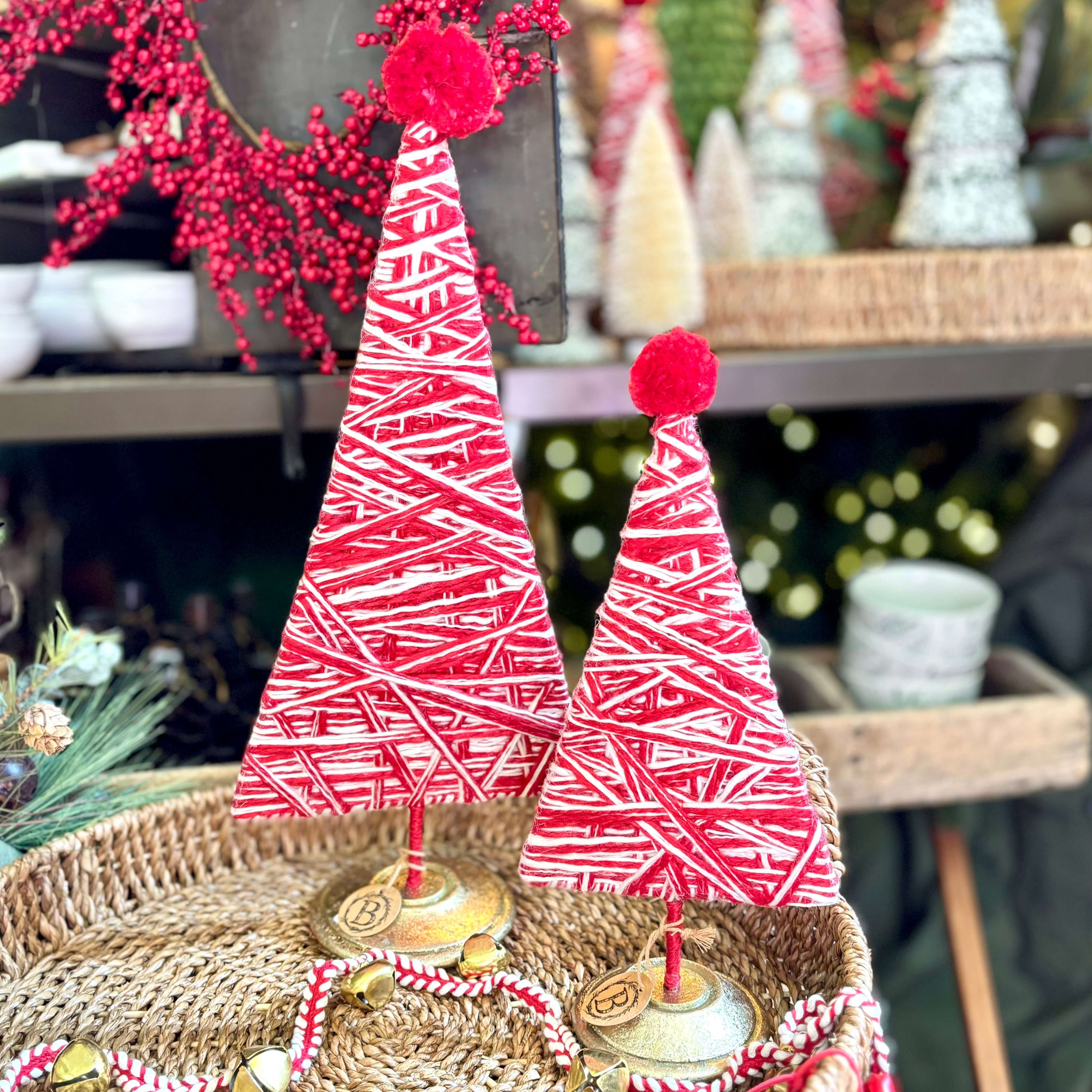 Red and White Yarn Tree Topped with Red Pom Pom Medium