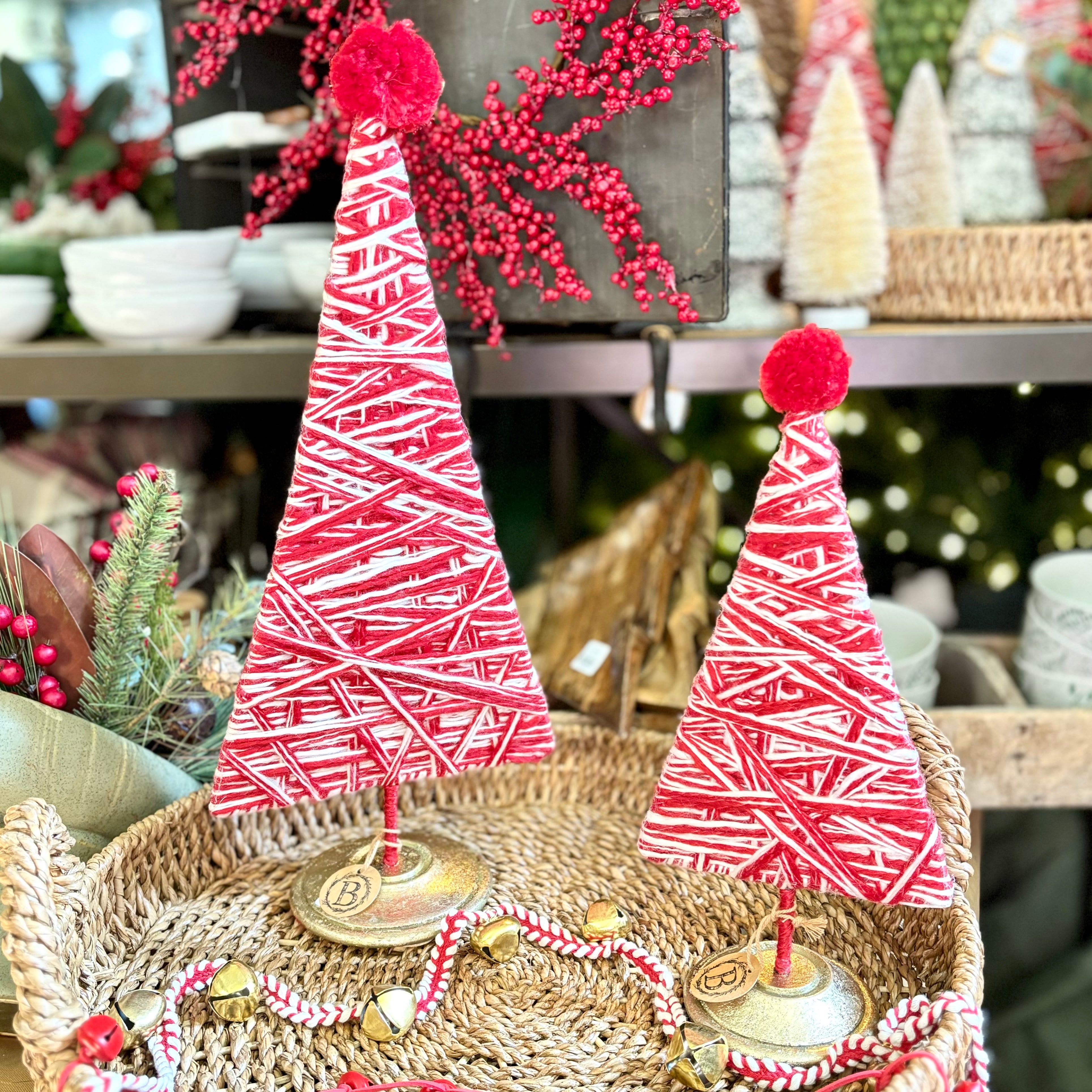 Red and White Yarn Tree Topped with Red Pom Pom Medium