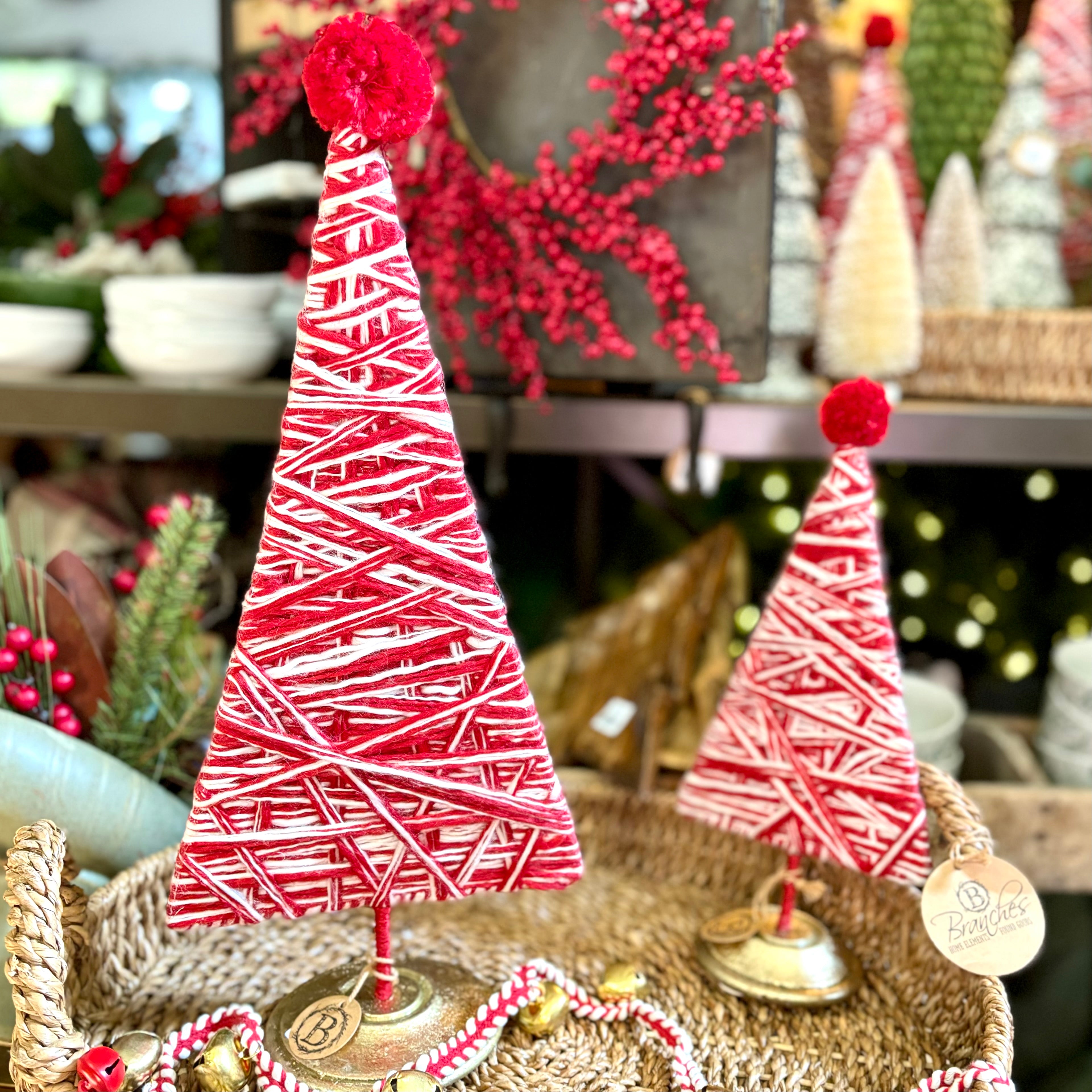 Red and White Yarn Tree Topped with Red Pom Pom Large