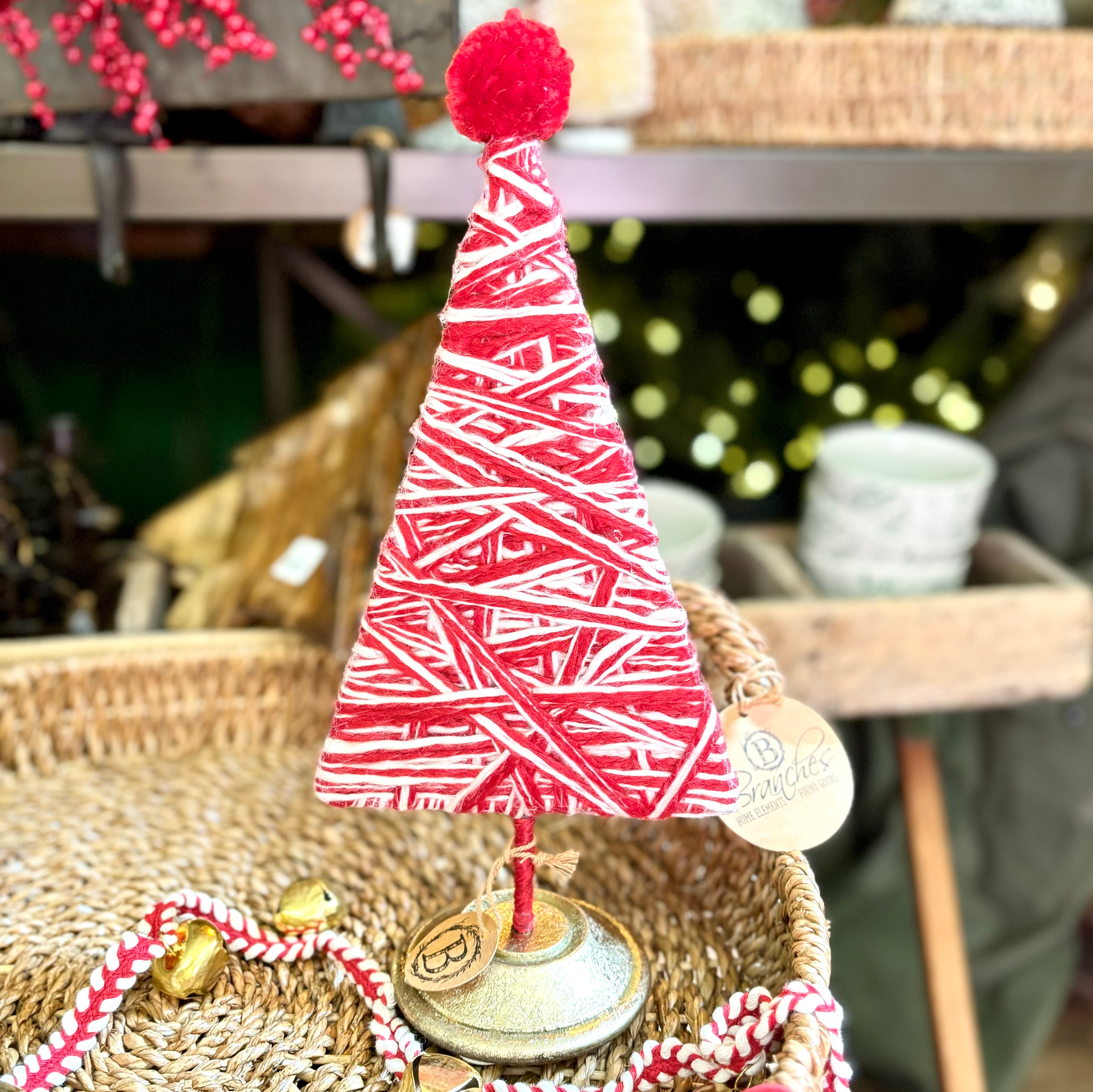 Red and White Yarn Tree Topped with Red Pom Pom Medium